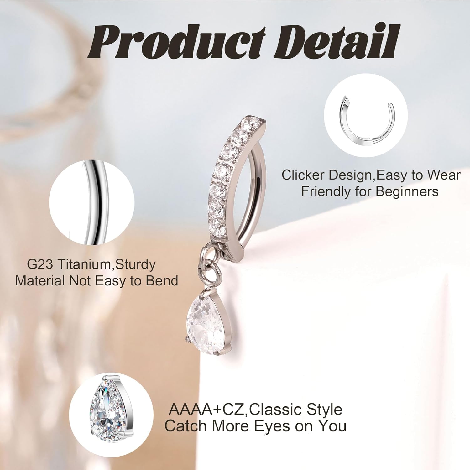 14G G23 Titanium Clicker Belly Button Ring for Women - Teardrop CZ Dangle Curved Reverse Barbell Navel Piercing - Hypoallergenic Jewelry - Image 3