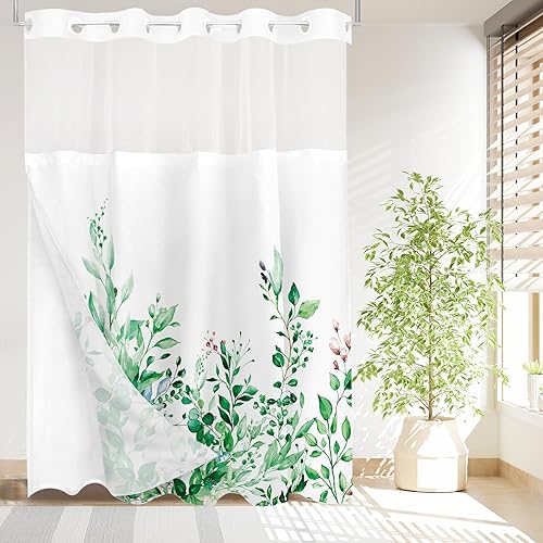 Miniatura 140 de Tititex - Juego de cortinas de ducha de hojas de eucalipto verde con cierres de presión, sin ganchos, forro interior verde, hojas de acuarela en la