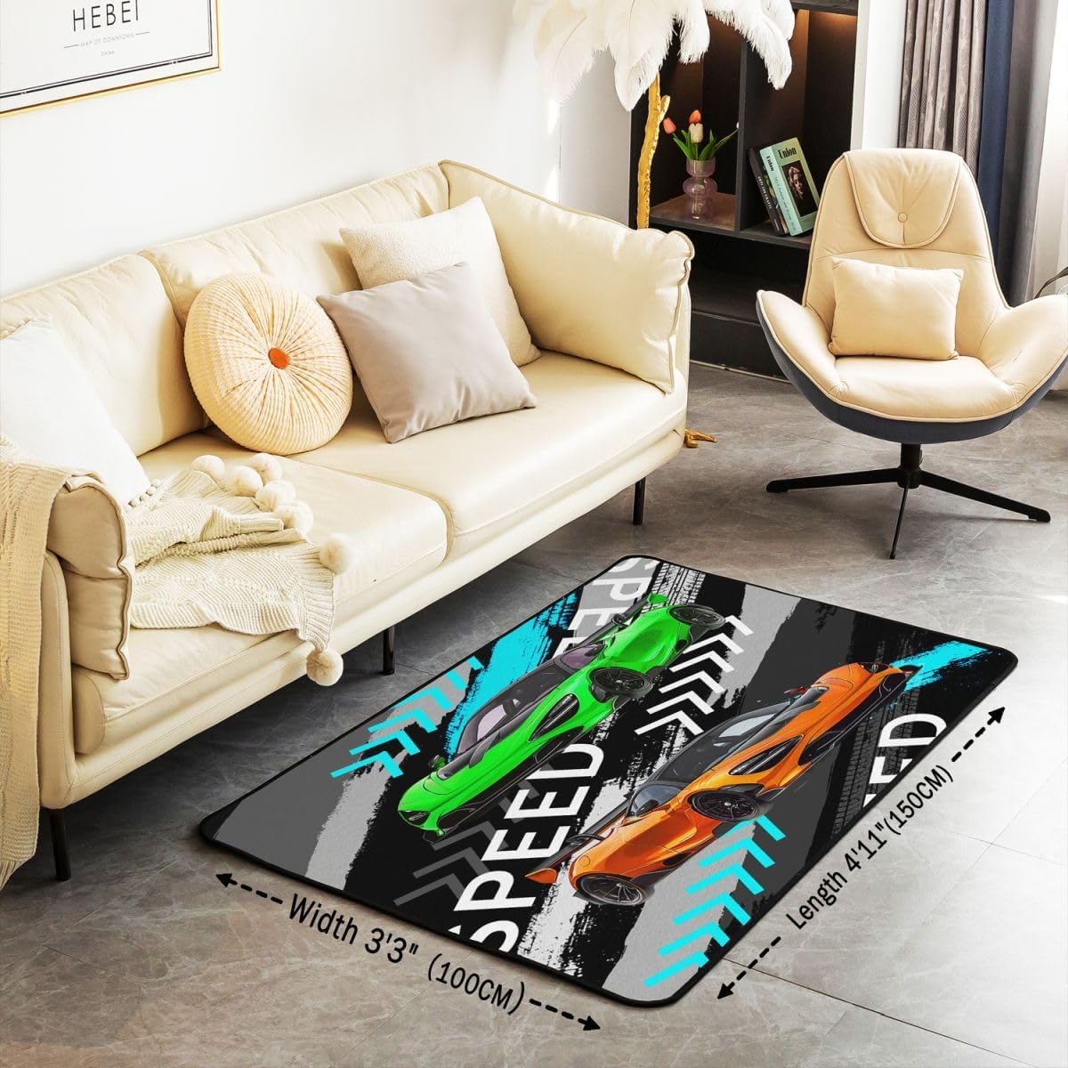 Green Qrange Racing Car Area Rug 3x5 Kids Race car Decorative Carpet for Boys Girls Teens Speed Sports Car Living Room Rugs Extreme Sports Indoor Floo