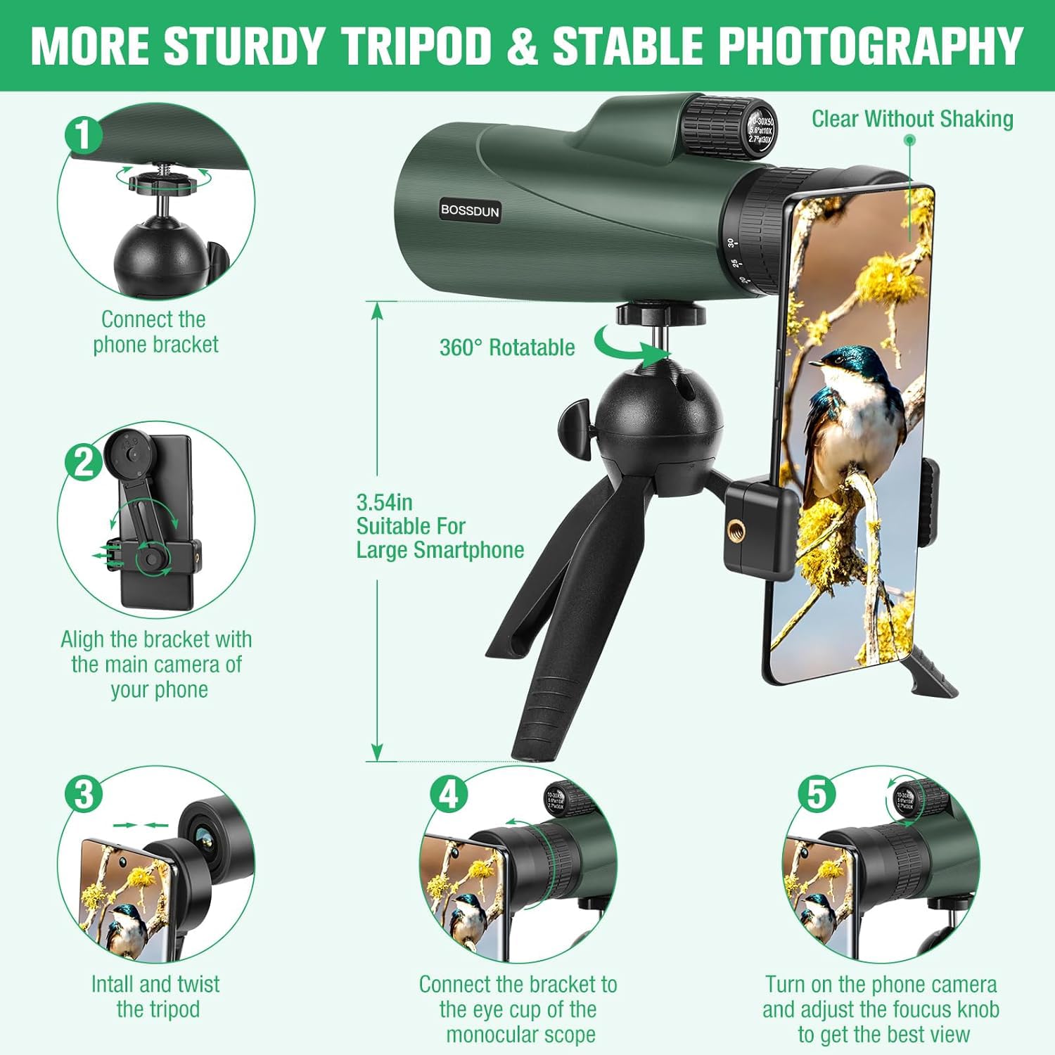Telescopio Monoculare Zoom, Telescopio Monoculare ad Alta Potenza per Smartphone con Treppiede, Monoculare HD per Adulti (green)