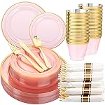 WELLIFE 350Pcs Clear-Pink Plastic Dinnerware- Pink and Gold Plastic Dinnerware include 50 Dinner Plates, 50 Dessert Plates, 150 Gold Silverware, 50 Cups and 50 Napkins Perfect for Parties