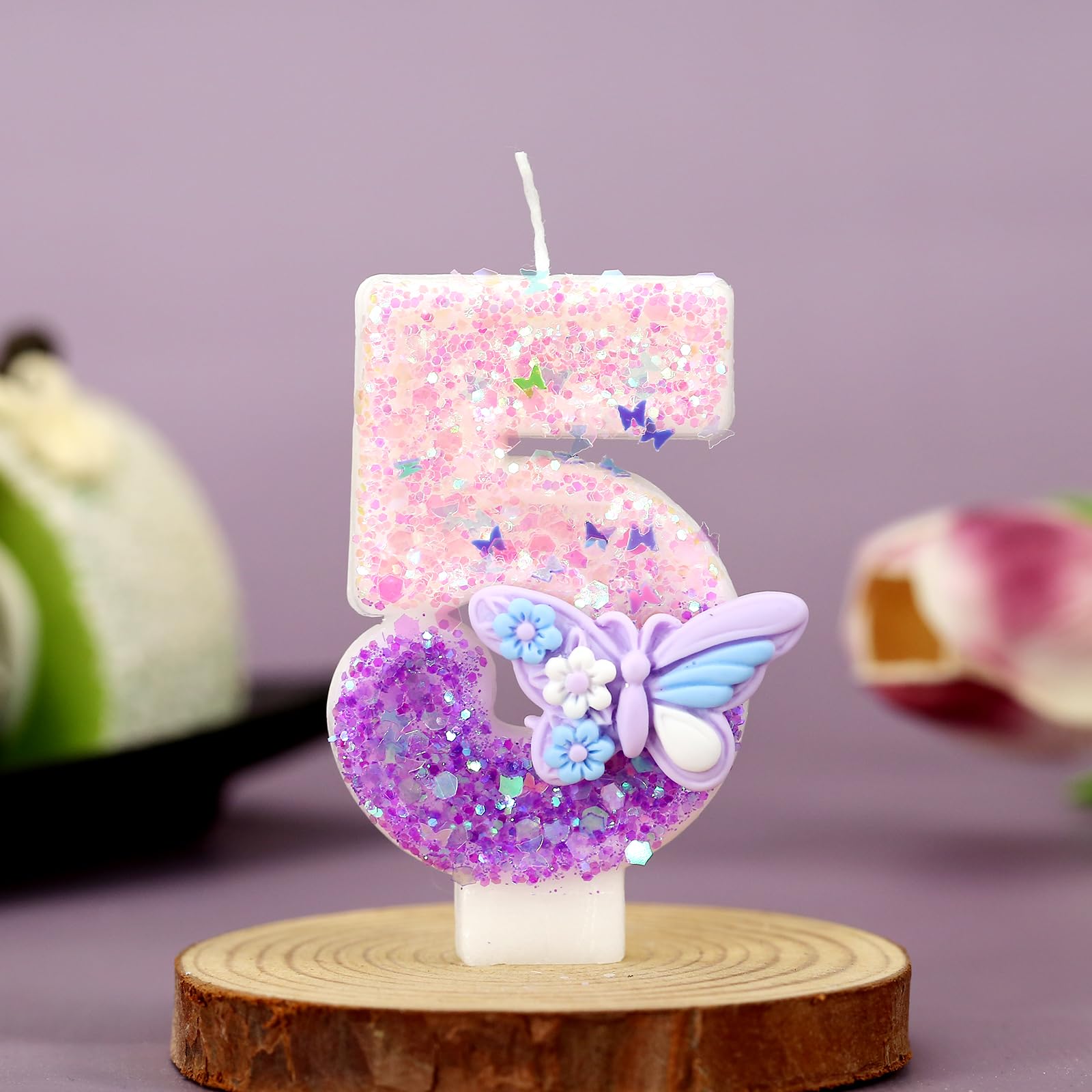 Velas de cumpleaños con diseño de mariposa rosa y morada, velas de cumpleaños para tarta con purpurina número 5, decoración de pastel con lentejuelas para niñas y mujeres, suministros de celebración