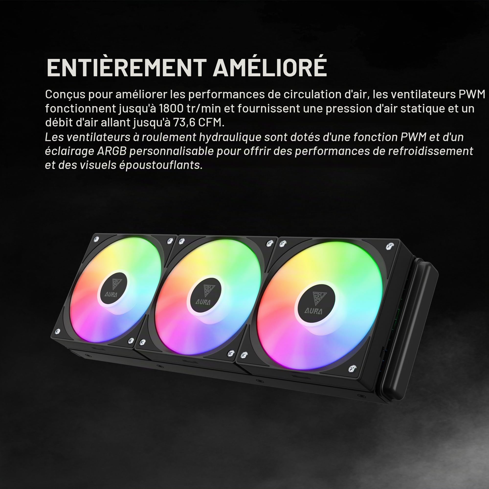 GAMDIAS Aura GL360 V2 AIO Refroidisseur liquide pour processeur 360 mm, conception de routage facile des câbles, pompe rotative à performance rotative, 3 ventilateurs PWM ARGB à faible bruit de 120 mm