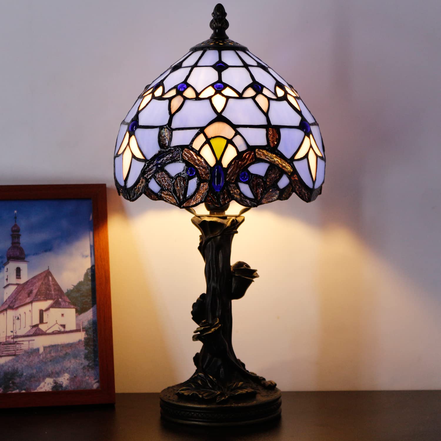 SYETL Small Tiffany Lamp Stained Glass Table Lamp Blue Baroque Style Bedside Desk Light Mini Accent Desk Memory Lamp 8X15 Inch
