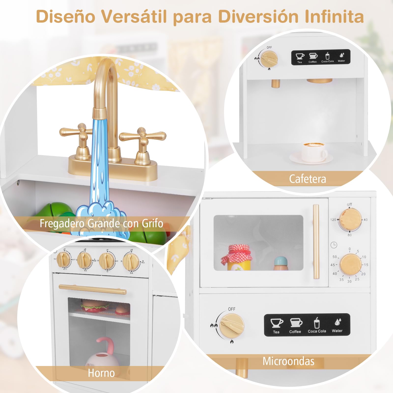 GOPLUS Juego de Cocina de Juguete, Cocina Juguete para Niños con Cafetera, Horno, Fregadero, Cortina, Microondas, Sonidos y Luces Reales, Cocinitas de Juguetes para Niños de 3+ Años (Blanco)