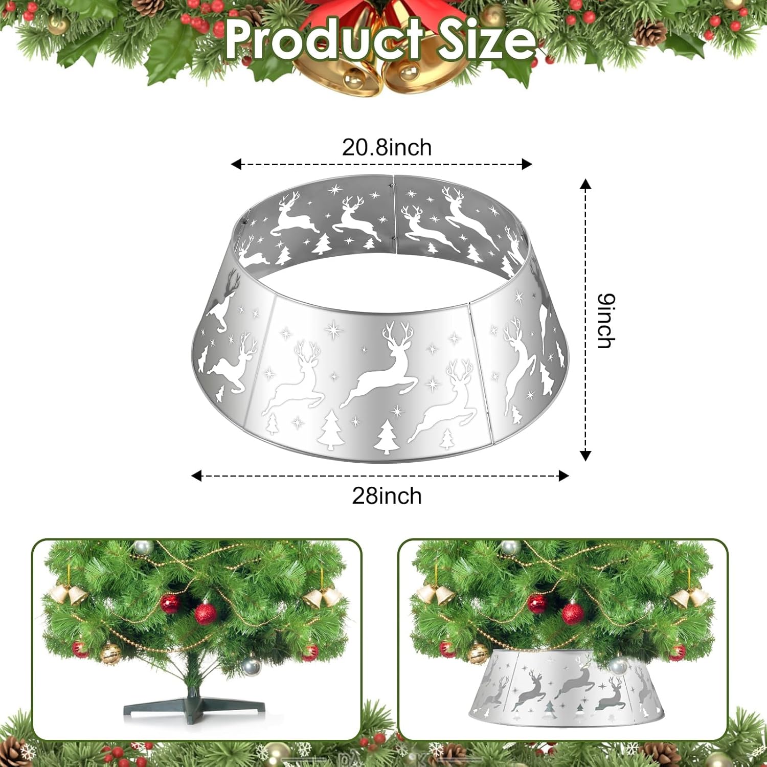 Christmas Tree Collar, 28" Christmas Tree Collars with Lights for Artificial Tree,Reindeer Cutouts Metal Silver Tree Collar for 7.5ft Tree,Xmas Tree Skirt Base Cover Stand for Holiday Decoration