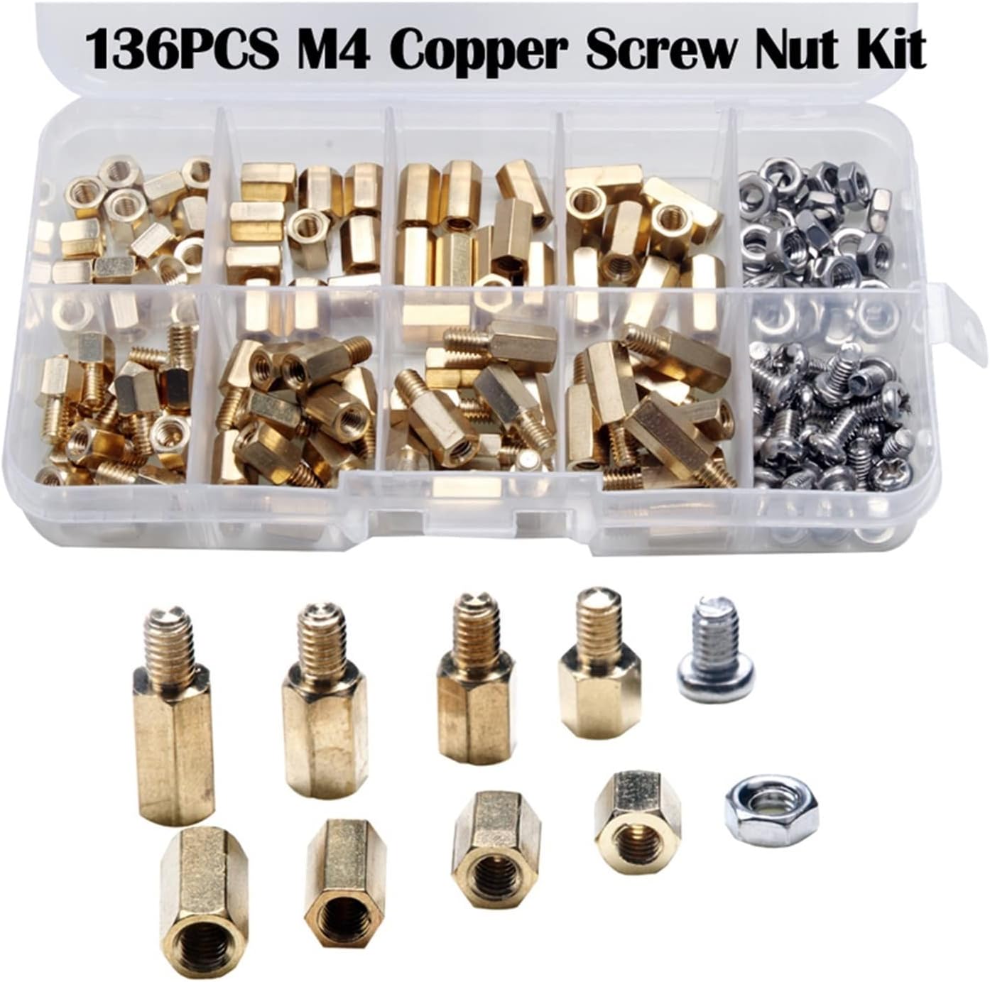Artemisia 136pcs M4 Brass Spacers Stainless Steel Nut & Screw Threaded Standoff kit Fasteners Assortment Set Compatible with Hardware Tools