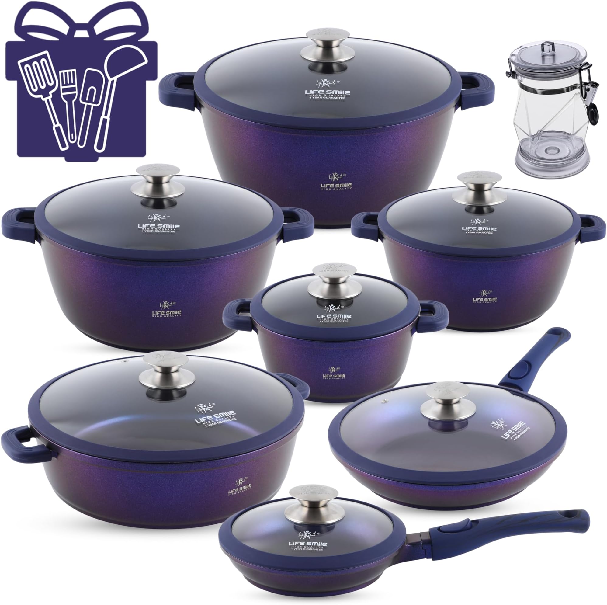 LIFE SMILE Cookware Set - Pots and Pans set Granite Non Stick Coating 100% PFOA FREE, Induction Base Cooking Set with Removable Silicone Handles - Oven Safe (Purple Shine, 31 Pieces)