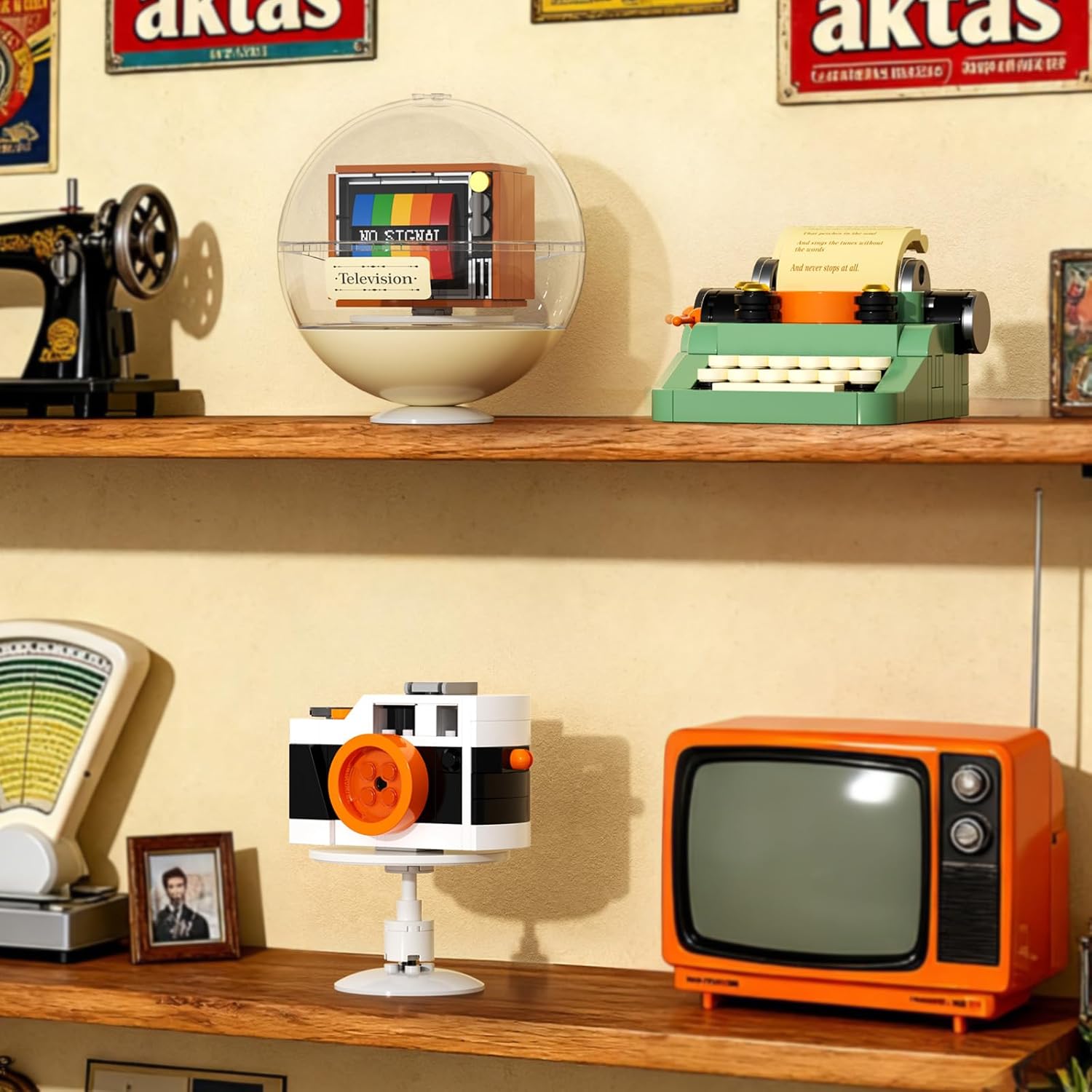 JAKI Typewriter Camera Television Building Toys, Retro Classic Series Building Blocks Set with Dust Cover, Collectible Vintage Display Model Office Room Decor