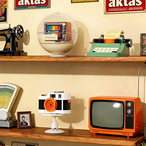 Miniatura 2 de JAKI Juego de bloques de construcción de la serie retro clásica con cubierta antipolvo, incluye cámara retro, máquina de escribir, televisión,