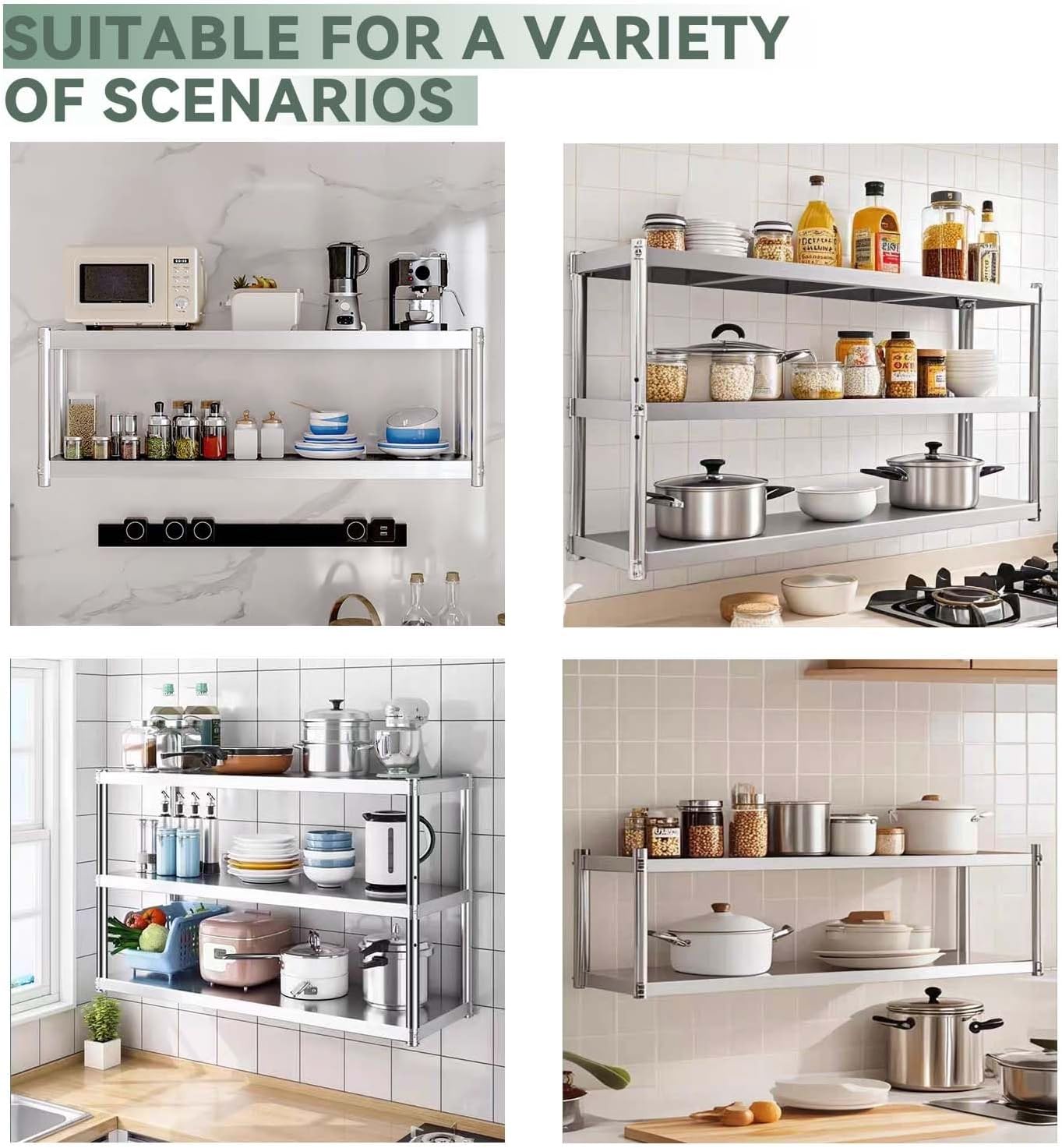 3 Tier Stainless Steel Shelf Wall Mounted Storage Shelving with Adjustable Multi Purpose Heavy Duty Organizer Rack for Microwave Toaster & Kitchen Appliances(3 - Layer 80x30x75cm)