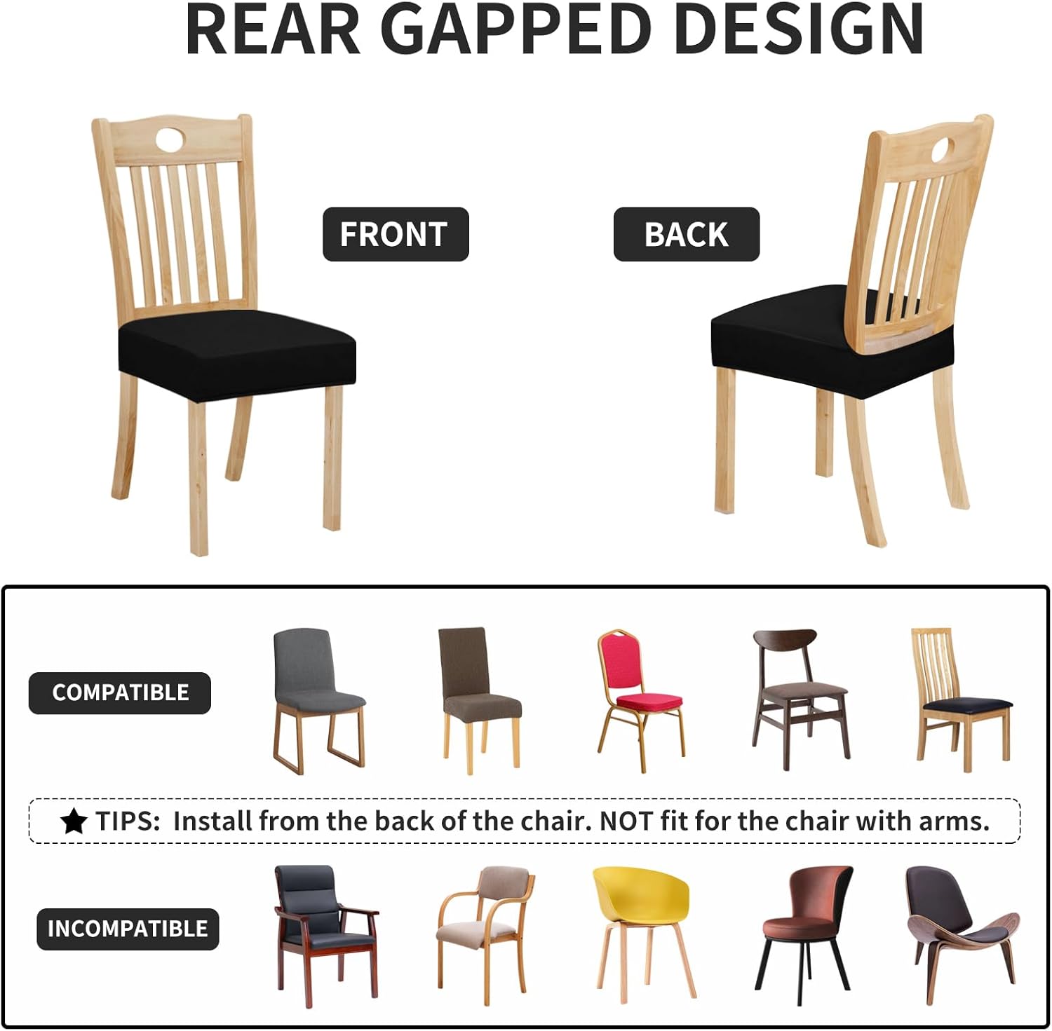 Easy-Going 100% Waterproof Seat Covers for Dining Room Chairs Set of 4, Stretch Chair Seat Slipcovers Protector Removable and Washable Kitchen Dining Chair Covers, Black