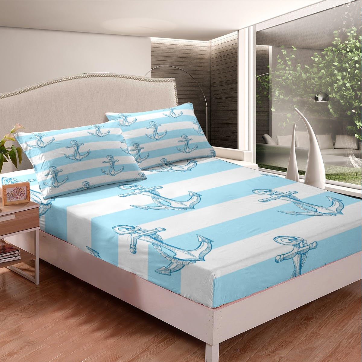 Anchors - Juego de sábanas bajeras de 3 piezas con diseño de ancla náutica y 2 fundas de almohada, 3 piezas, para decoración de habitación de niños y niñas, de poliéster suave