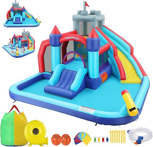 Miniatura 10 de AKEYDIY Parque inflable de tobogán acuático con piscina, pistola de agua, disparo de pelotas, pared de escalada, tobogán acuático inflable para