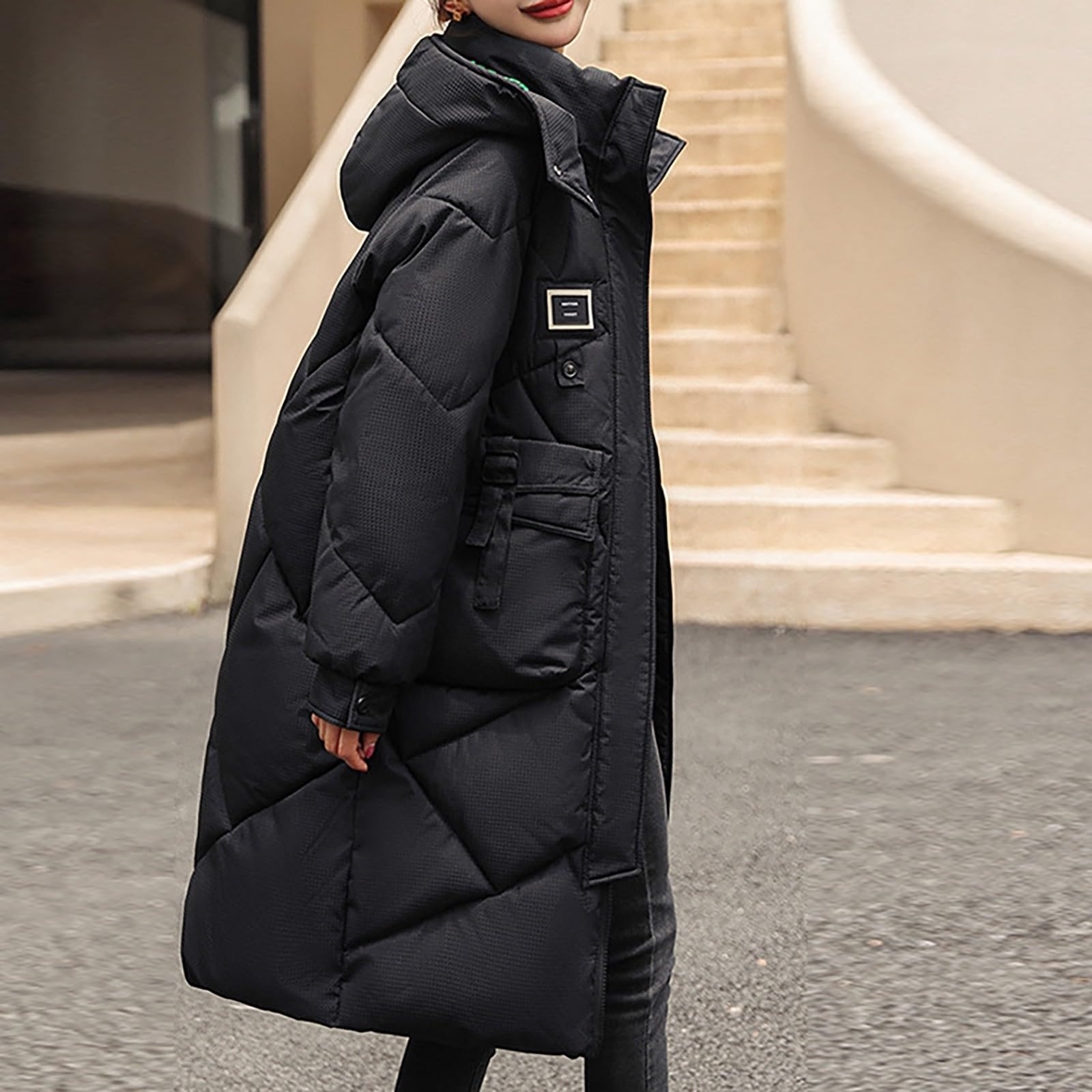 Generisch Wintermantel Damen Lang Daunenmantel Winter Warm Mantel Langarm Steppmantel Elegant Damenmantel Dicke Thermo Daunenjacke Einfarbig Puffer Jacke Mit Taschen Steppjacke Mit Reissverschluss