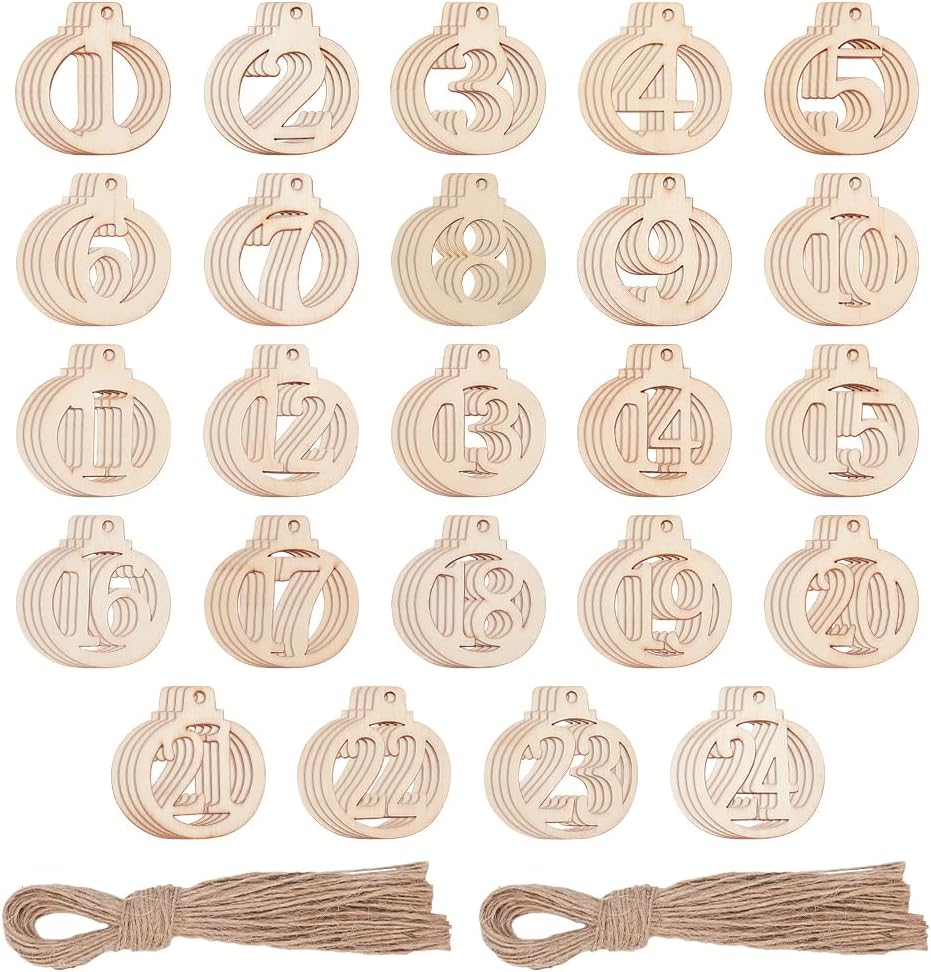 NBEADS 100 Pcs Number Wooden Calendar for Christmas, 1-25 Christmas Countdown Advent Calendar, 1.3inch wide Wooden Number Pendants for Christmas Tree Decoration, DIY Crafts Gift Tags, Hanging Ornaments, 2mm thick