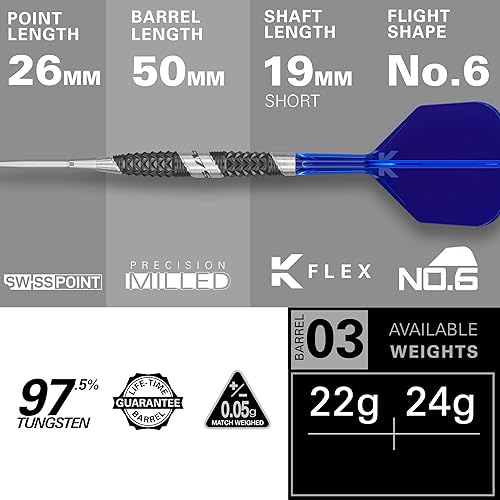 Miniatura 2 de Target Darts 975 Ultra Marine 03 24G 97.5% Tungsteno Punta de Acero Punta Suiza Juego de Dardos con K-Flex