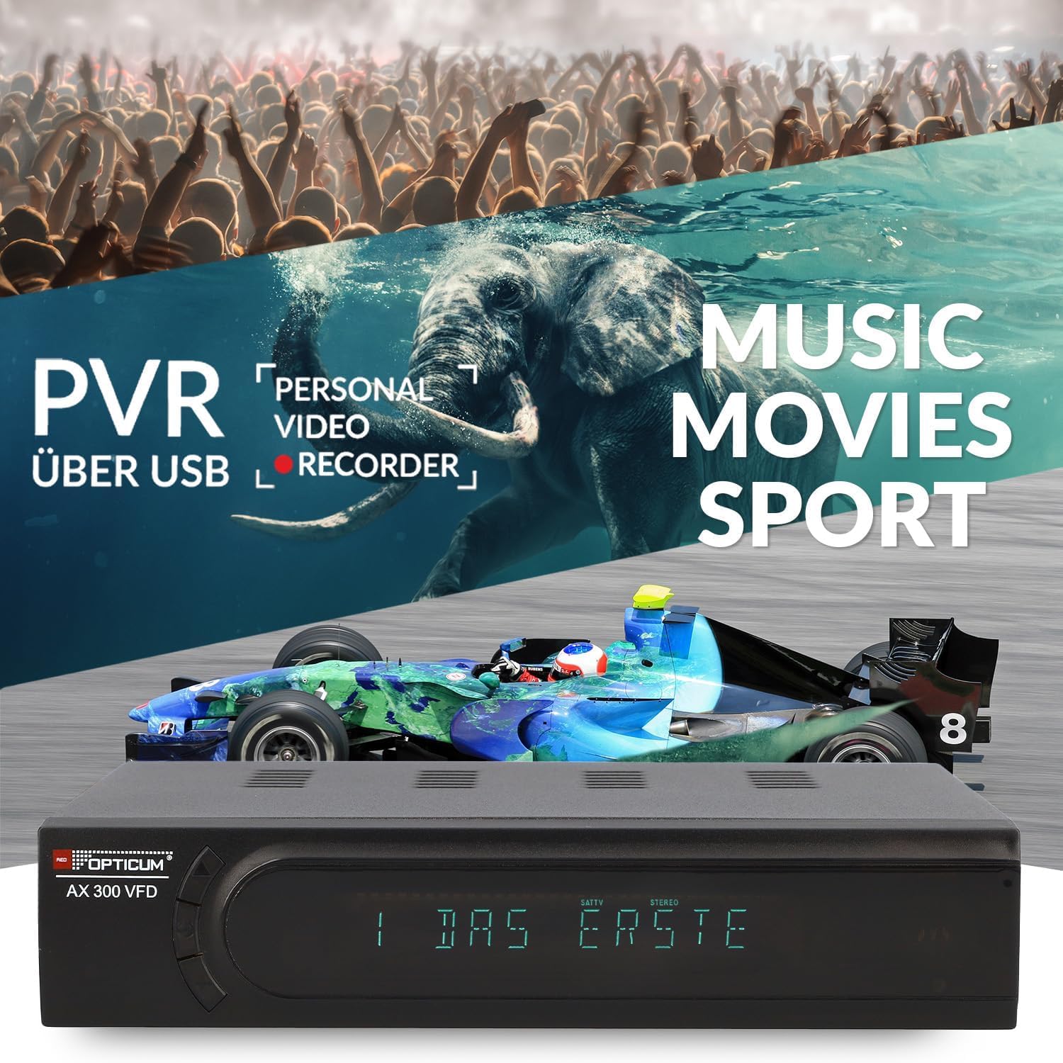 RED OPTICUM AX 300 VFD Sat Receiver mit PVR I Digitaler Satelliten-Receiver HD mit alphanumerischem Display - DVB-S2 - HDMI - SCART - USB 2.0 - Coaxial Audio I 12V Netzteil ideal für Camping