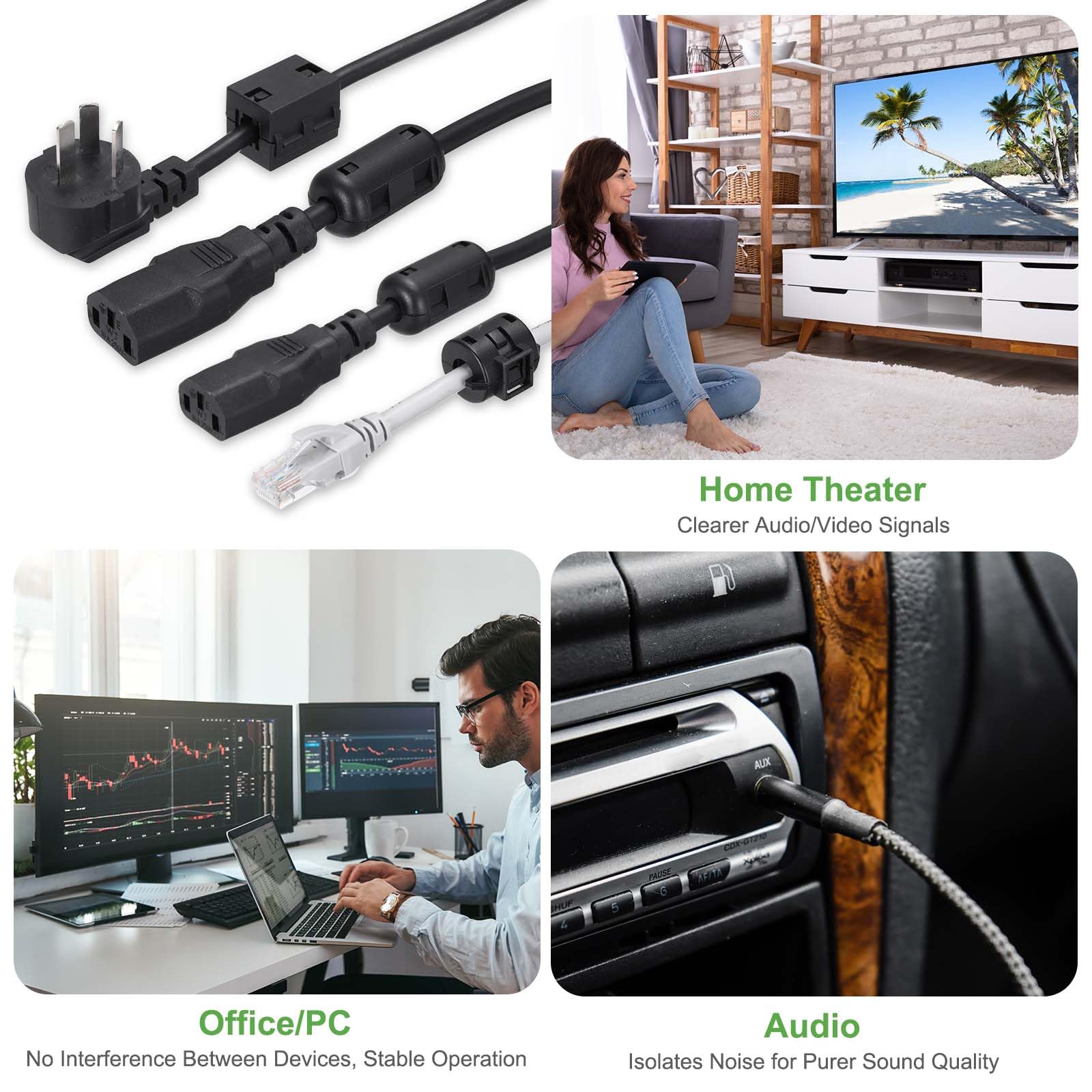 QUARKZMAN 2 sztuki składany pierścień ferrytowy, filtr szumów RFI EMI zacisk kablowy do kabli USB audio wideo i danych 17 mm, do redukcji zakłóceń, czarny, cylindryczny