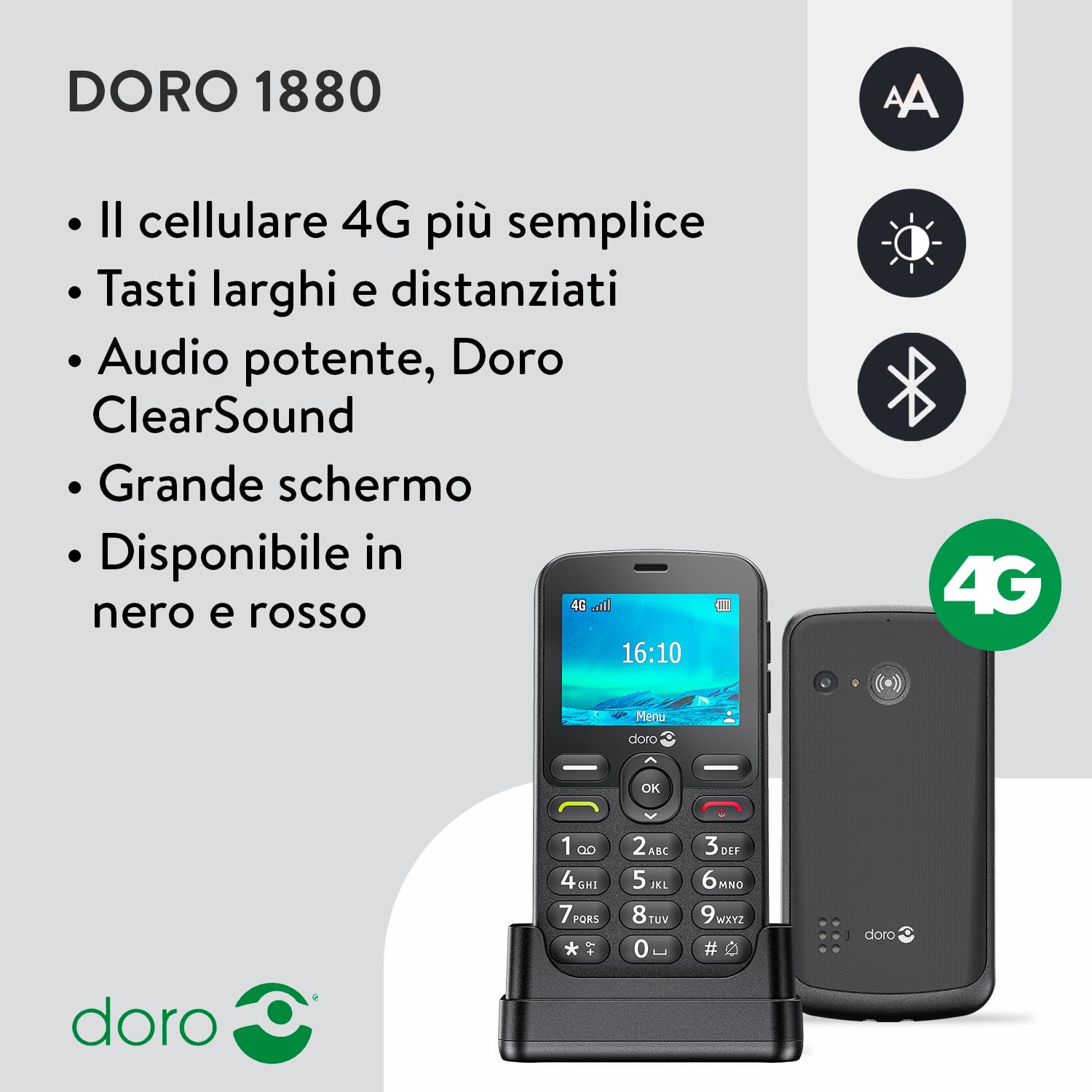 Doro 1880 4G Telefono Cellulare Sbloccato Seniors - Tasti Digitali Parlanti - Suono Chiaro - Fotocamera - Bluetooth - Tasto Assistenza - Telefono Cellulare Basic senza Internet [Versione Italiano]