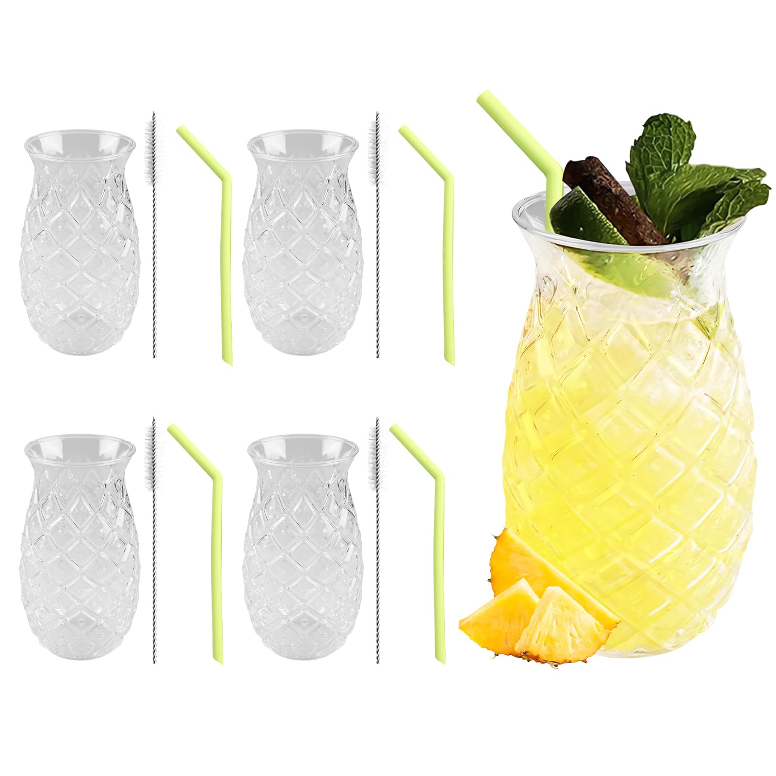 Set di 4 bicchieri di ananas: 400 ml, trasparenti da cocktail con rilievo di ananas, riutilizzabili, bicchieri da festa con 4 cannucce + spazzole di paglia, bicchieri di succo, bicchieri da