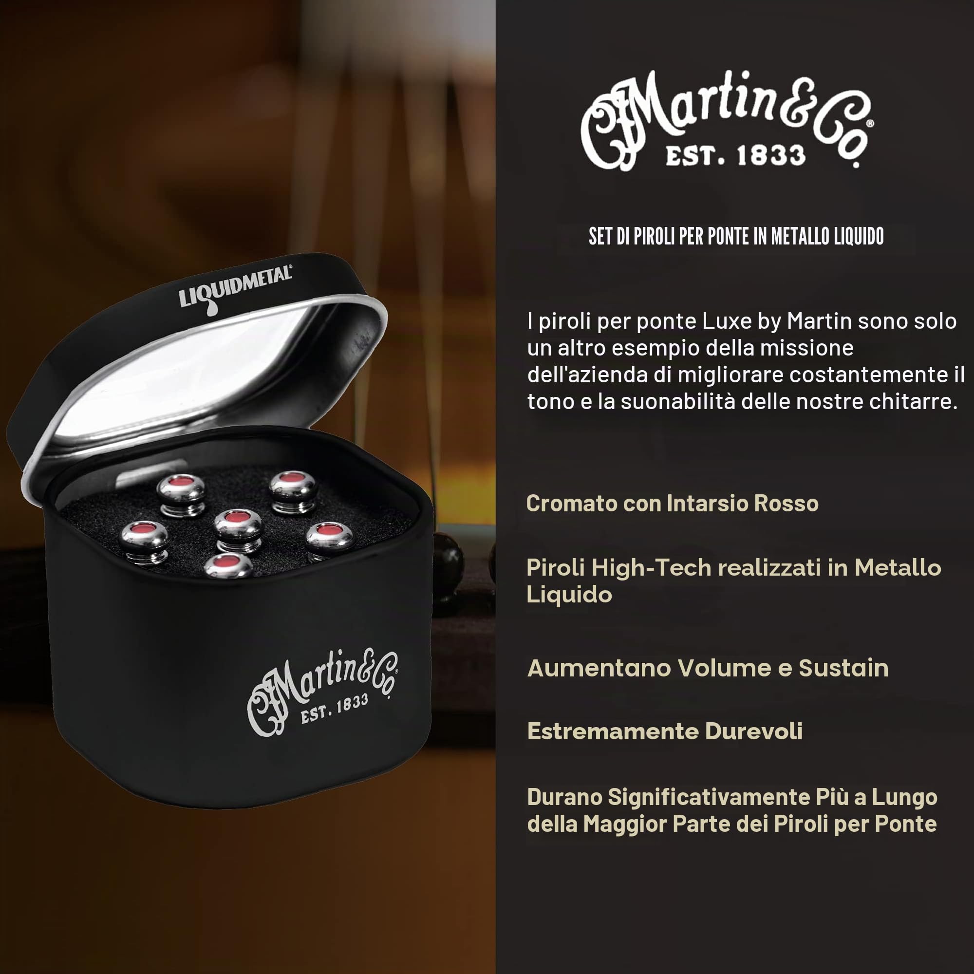 LUXE BY MARTIN Pins per Ponte Chitarra Acustica – Cromo con Intarsio Rosso | Costruzione in Liquidmetal per Maggiore Volume e Sustain | Set da 6