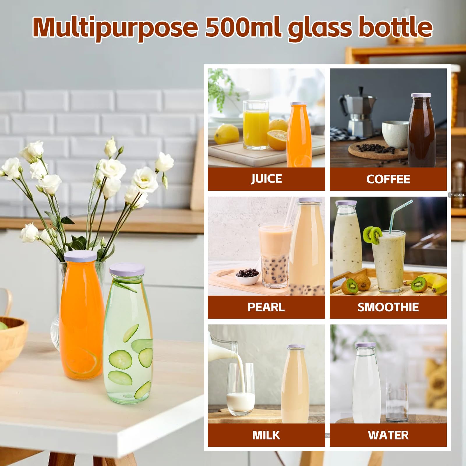 Bouteilles En Verre Carrées Absovetu 500 Ml - Lot De 4 - Couvercles Hermétiques - Réutilisables Pour Lait, Jus, Miel