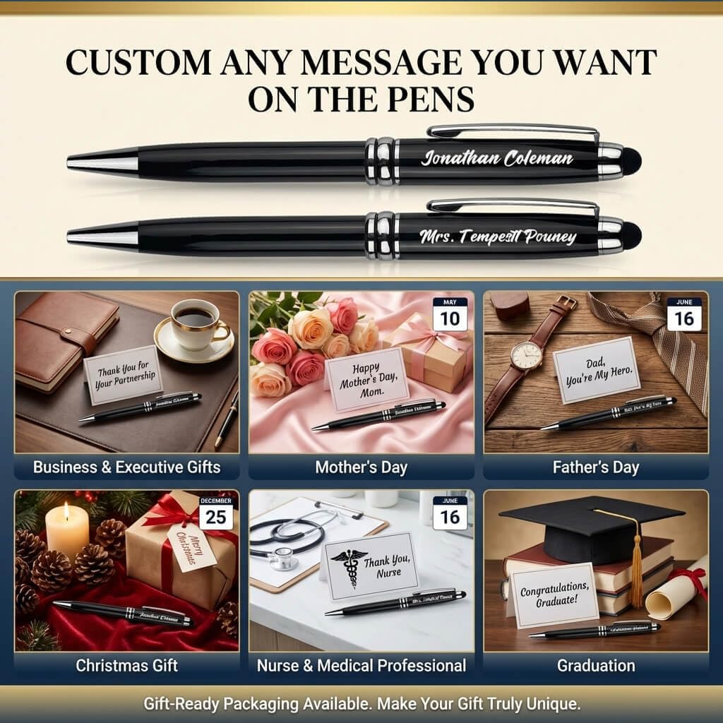 Yastar Personalized Gift Ballpoint Pens with Stylus - with 12 Black Ink Refills Custom Name Or Message Pens for Business, Teachers, and Students. Ideal Gift for Graduations 2026, 12pcs/Pack