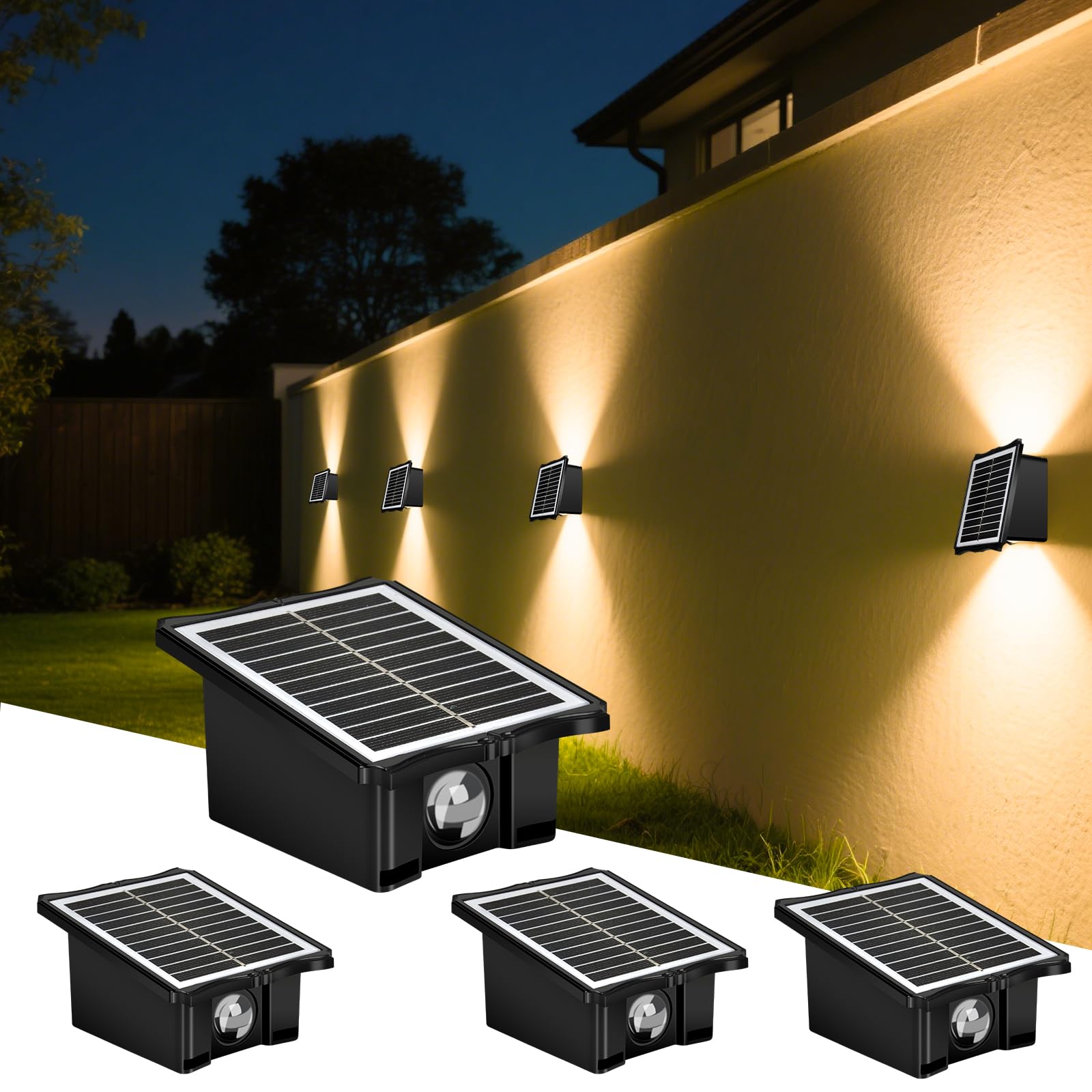4Pack Solar Fence Lights Outdoor Garden, Up and Down Wall Lights with Auto On/Off, IP65 Waterproof Solar Wall Light