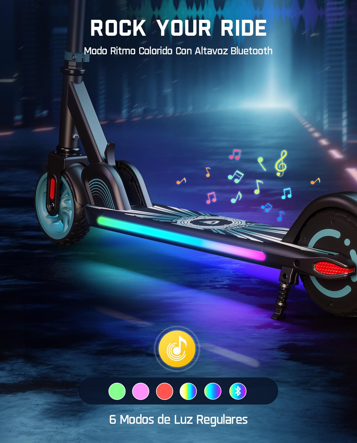 FanttikRide C9 Apex Patinete Electrico para Niños, Bluetooth | Altavoz Bluetooth, Luces Arcoíris, 8/13/16 km/h, Alcance de 8 km, Altura Ajustable, Plegable, hasta 60 kg