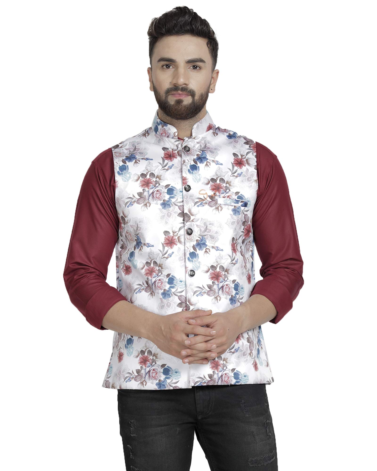 B BEN Men's Silk Blend Nehru Jacket (Multicolour, 38)