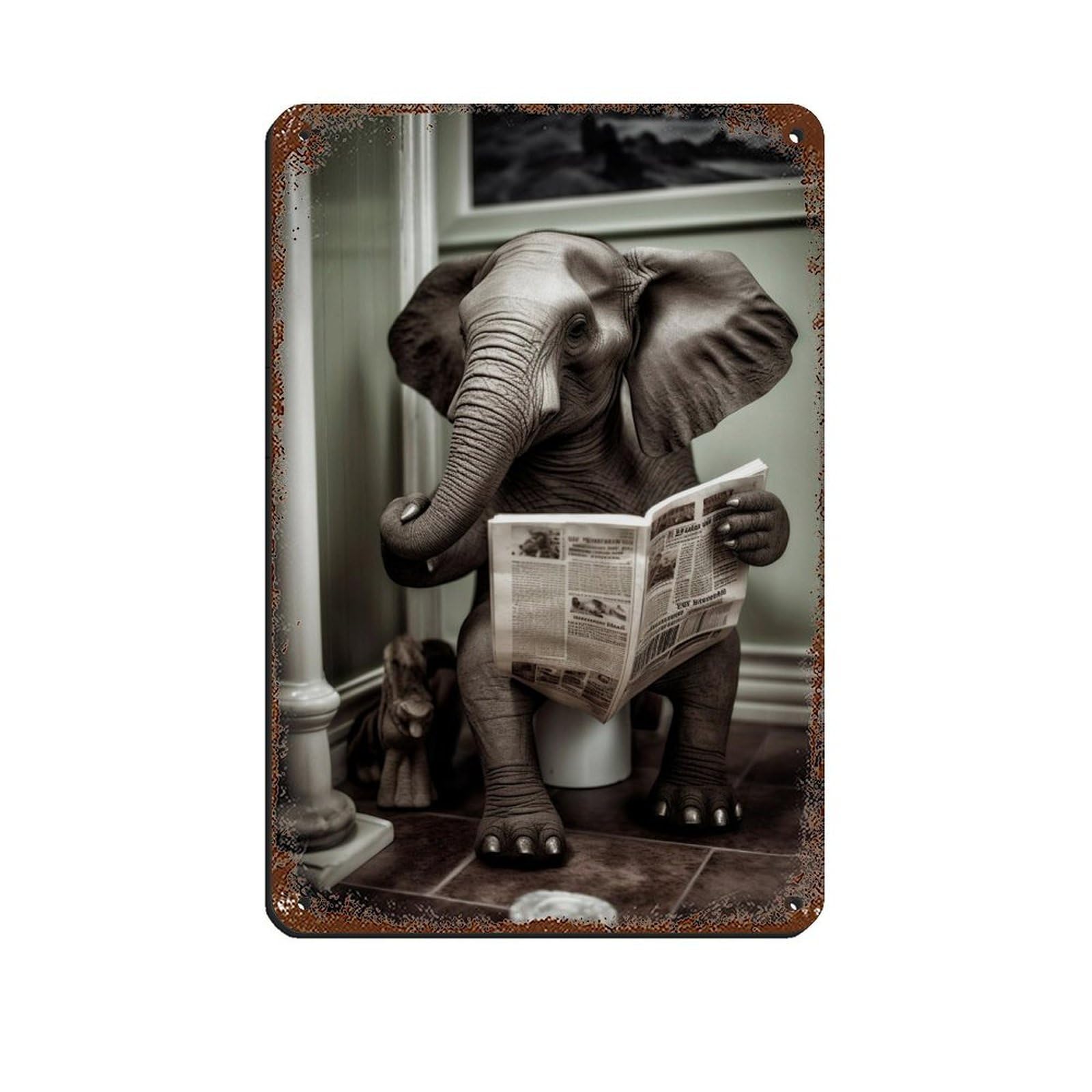 Elephant on Toilet Reading The Newspaper Tin Sign Vintage Metal Pub Club Cafe Bar Home Wall Art Decoration Poster Retro 8x12inch(20x30cm)