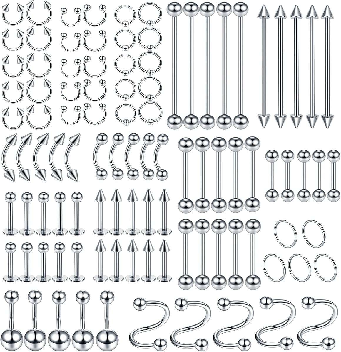 100PCS Piercing Kit Jewelry 14G 16G 20G Nose Rings Lip Studs Tongue Rings Stainless Steel Cartilage Earrings Tragus Eyebrow Industrial Barbell Belly Rings Body Piercing Kit Jewelry