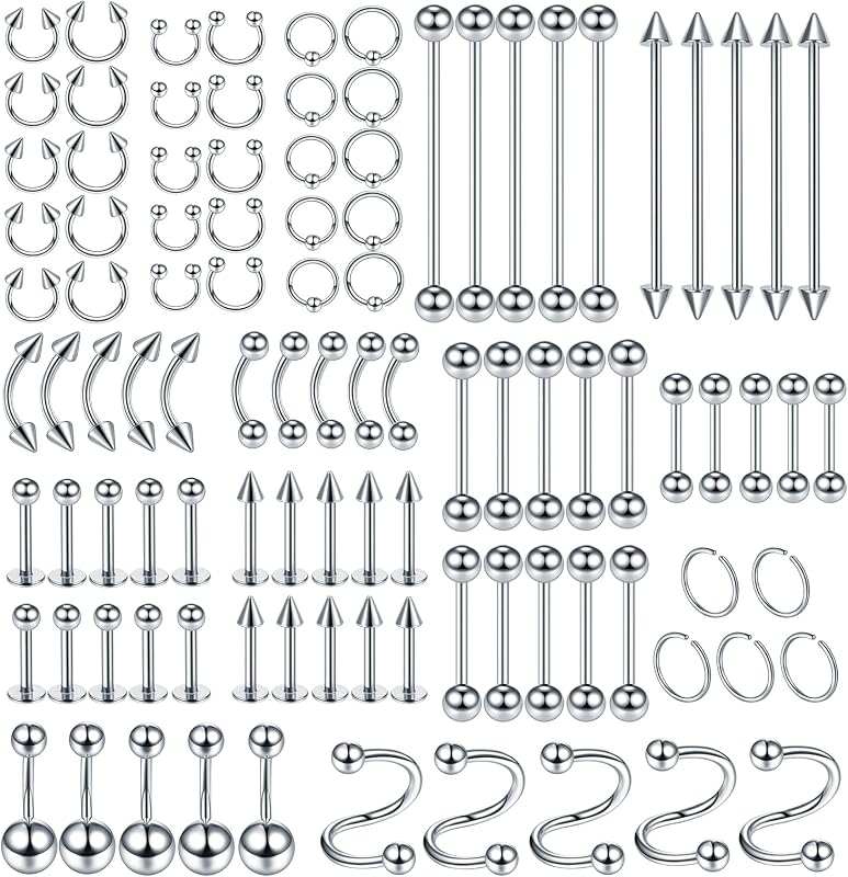 100PCS Piercing Kit Jewelry 14G 16G 20G Nose Rings Lip Studs Tongue Rings Stainless Steel Cartilage Earrings Tragus Eyebrow Industrial Barbell Belly Rings Body Piercing Kit Jewelry