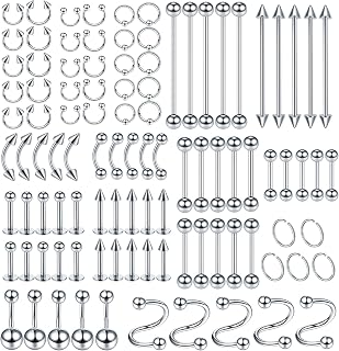 100PCS Piercing Kit Jewelry 14G 16G 20G Nose Rings Lip Studs Tongue Rings Stainless Steel Cartilage Earrings Tragus Eyebrow Industrial Barbell Belly Rings Body Piercing Kit Jewelry
