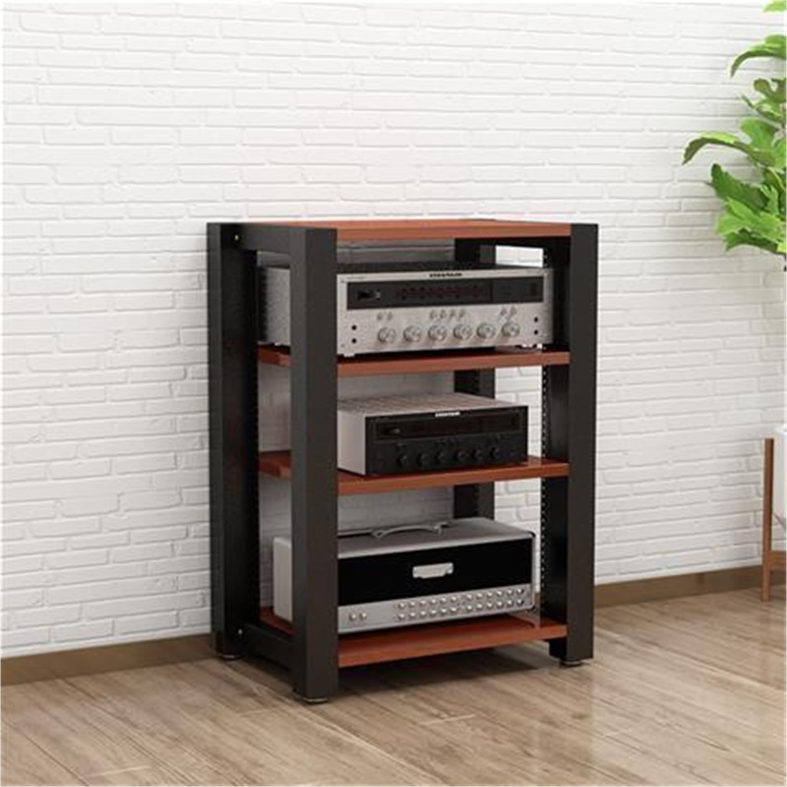 Modern 2/3/4 Tier Audio Rack with LED Lights, Open Media Cabinet for AV Equipment, Metal Frame Stereo Stand for Home & Office(Brown,4-Tier)
