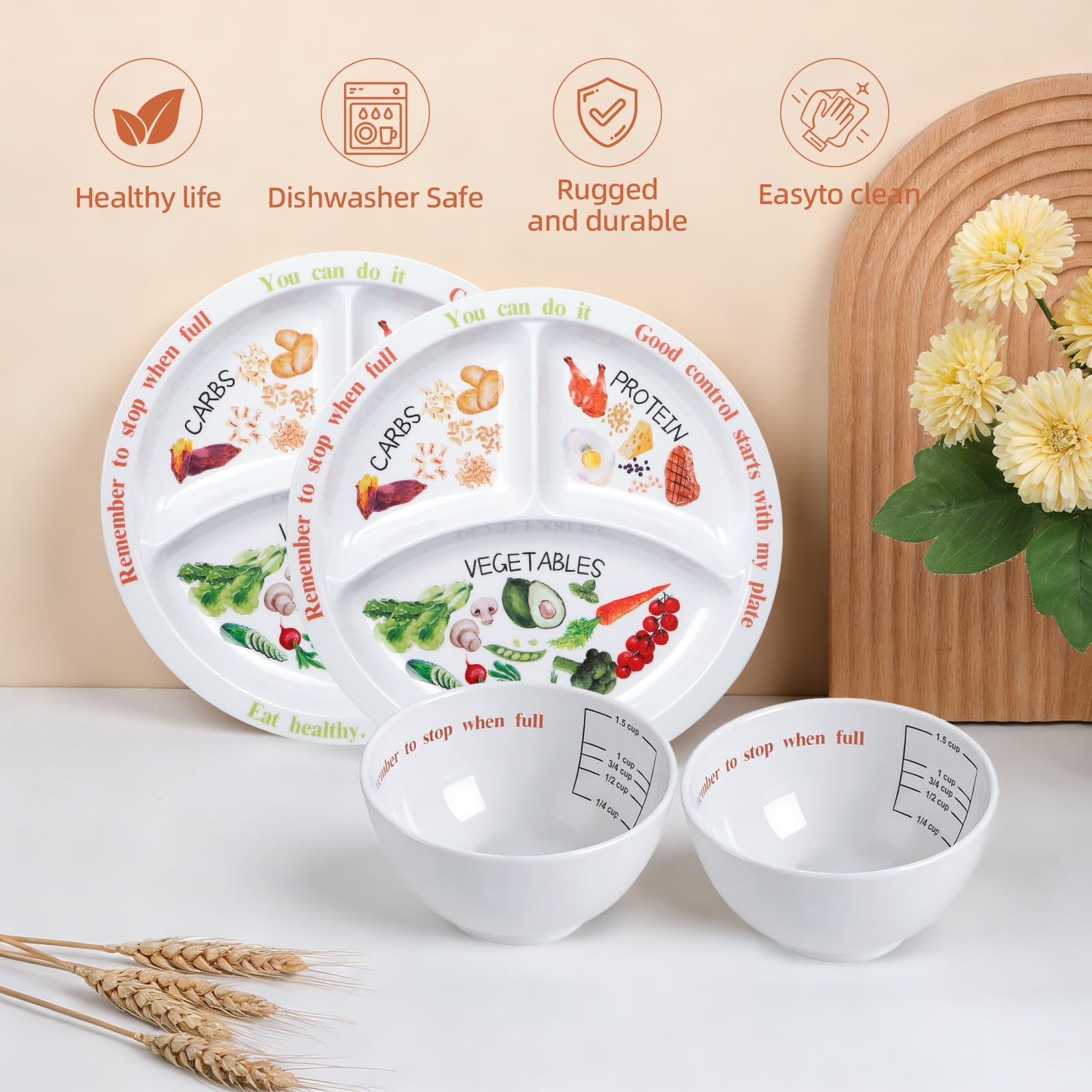Lot de 4 assiettes de contrôle des portions pour une alimentation équilibrée – Assiette de nutrition saine pour adultes et adolescents – Séparateurs en mélamine, parfaits pour une alimentation
