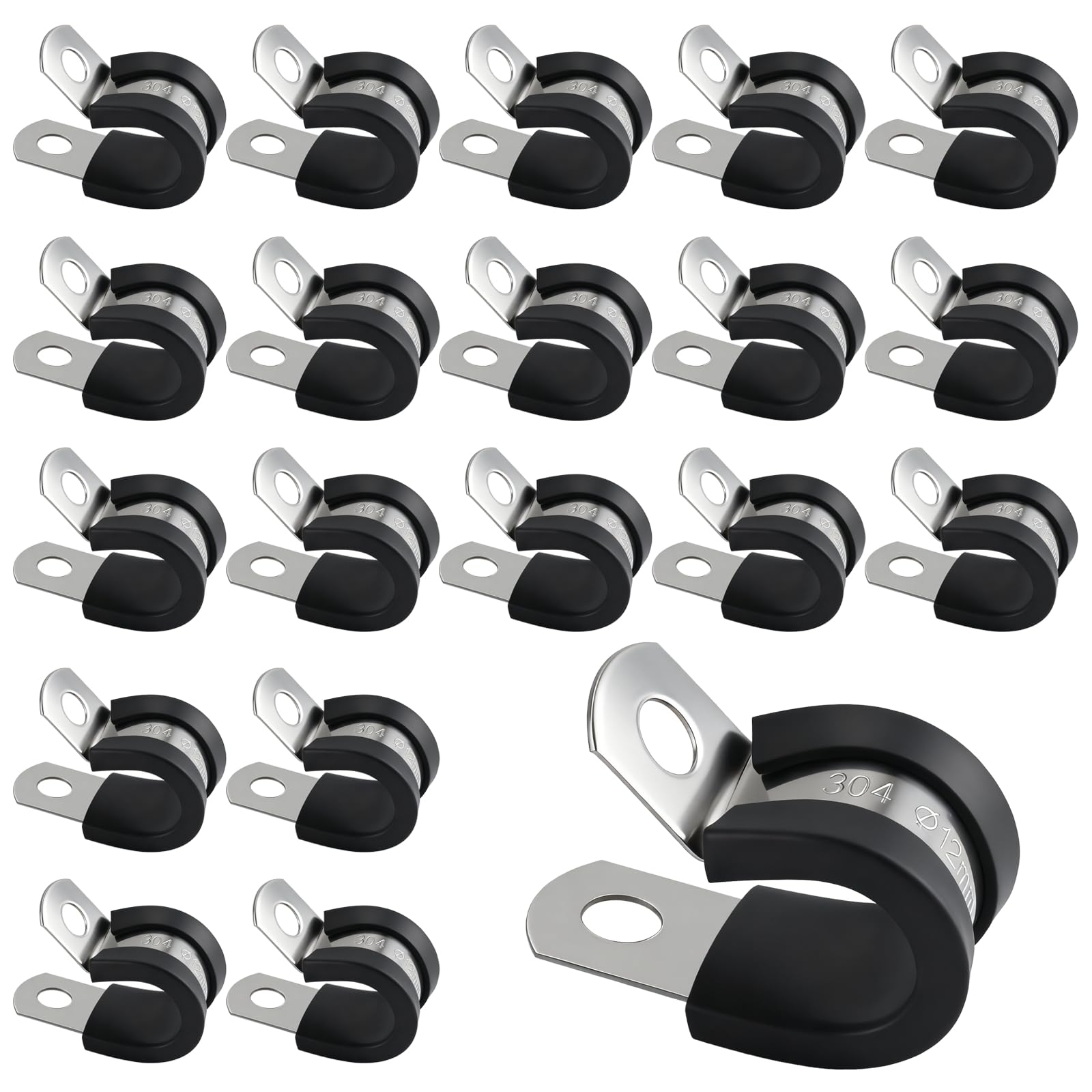 20PCS Stainless Steel Rubber Cushioned R Shape Clamps, Rubber Lined P Clips, 12mm Hose Pipe Clamps, Cable Mounting Hose Pipe Clamp for Cable, Cord, Wire, Tube (12mm)