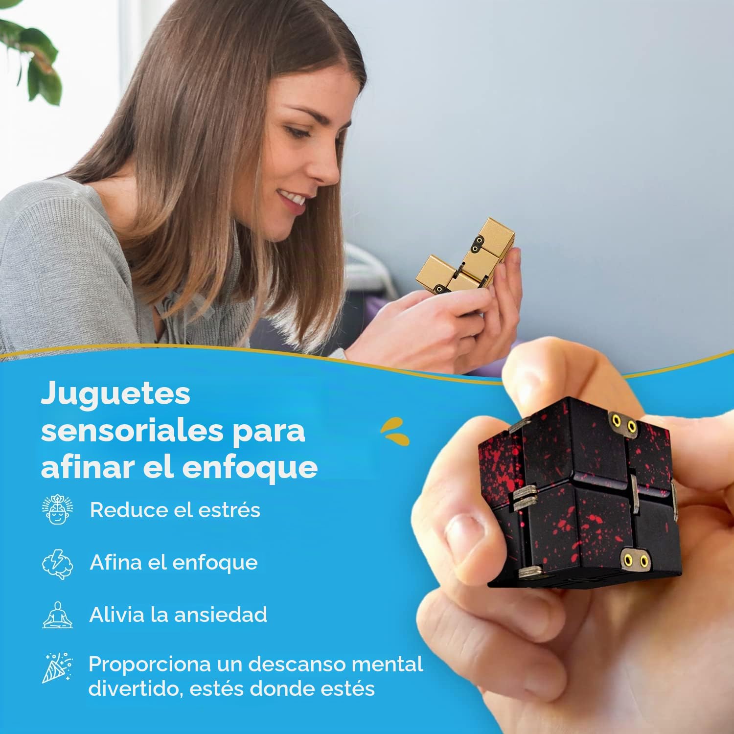 PILPOC Infinity Cube Fidget - Cubo mágico infinito de aluminio de con estuche exclusivo, resistente, pesado, alivia el estrés y la ansiedad, para TDAH, TOC (negro)