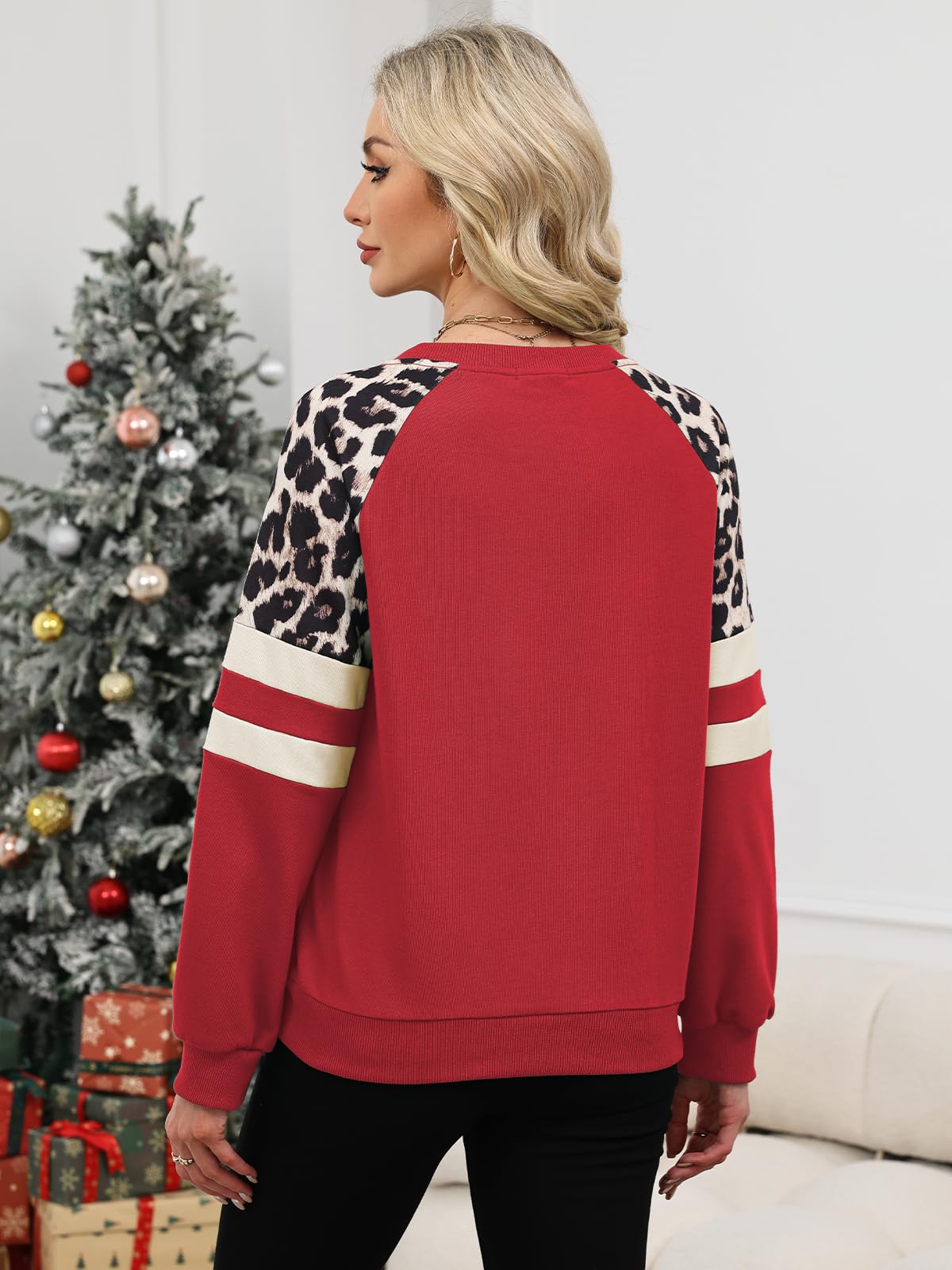 Sweatshirt Damen Baumwolle Leopard Shirt Langarm Tshirt Frauen Oberteile Lässige Baumwolle Rundhals Farbblock Leicht Tunika für Herbst Frühling Winter