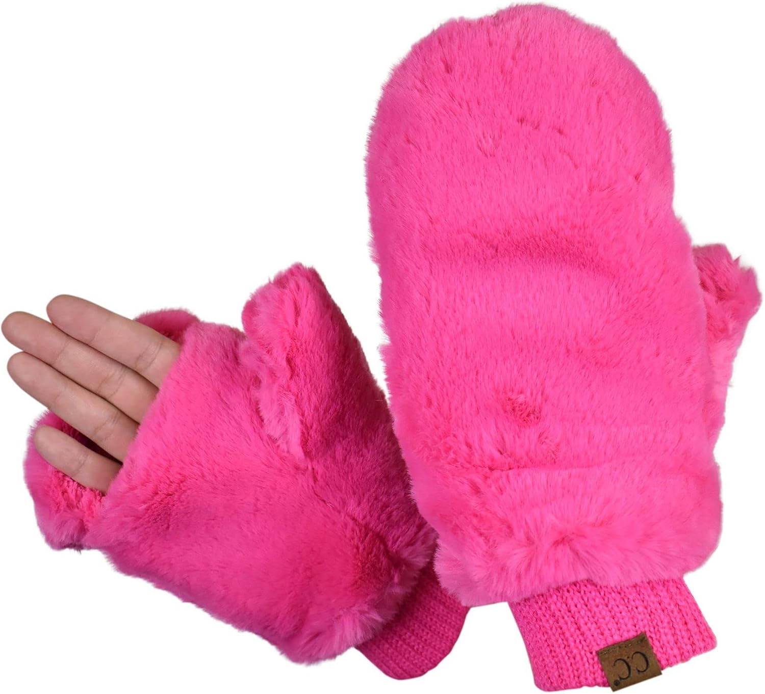 C.C Women's Faux Fur Wrist Length Fingerless Sherpa Lined Convertible Mittens Gloves - Image 2