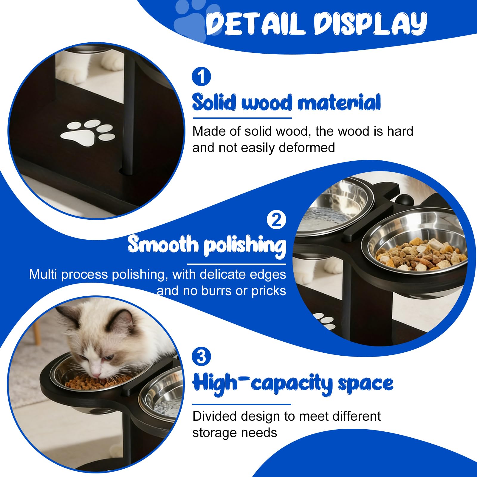 GOMETY Comedero para gatos 3 en 1 elevado, juego de 3 comederos para gatos con 3 cuencos de acero inoxidable, altura ajustable, comedero para gatos elevado, con soporte de madera, comedero ergonómico
