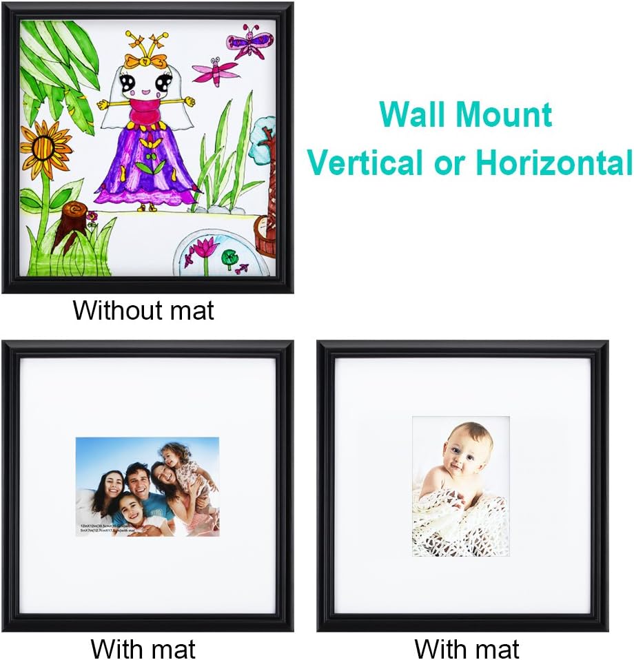 RPJC Solid Wood 12x12 inch Picture Frame Display Pictures 5x7 with Mat or 12x12 Without Mat for Wall Mounting Photo Frame Black