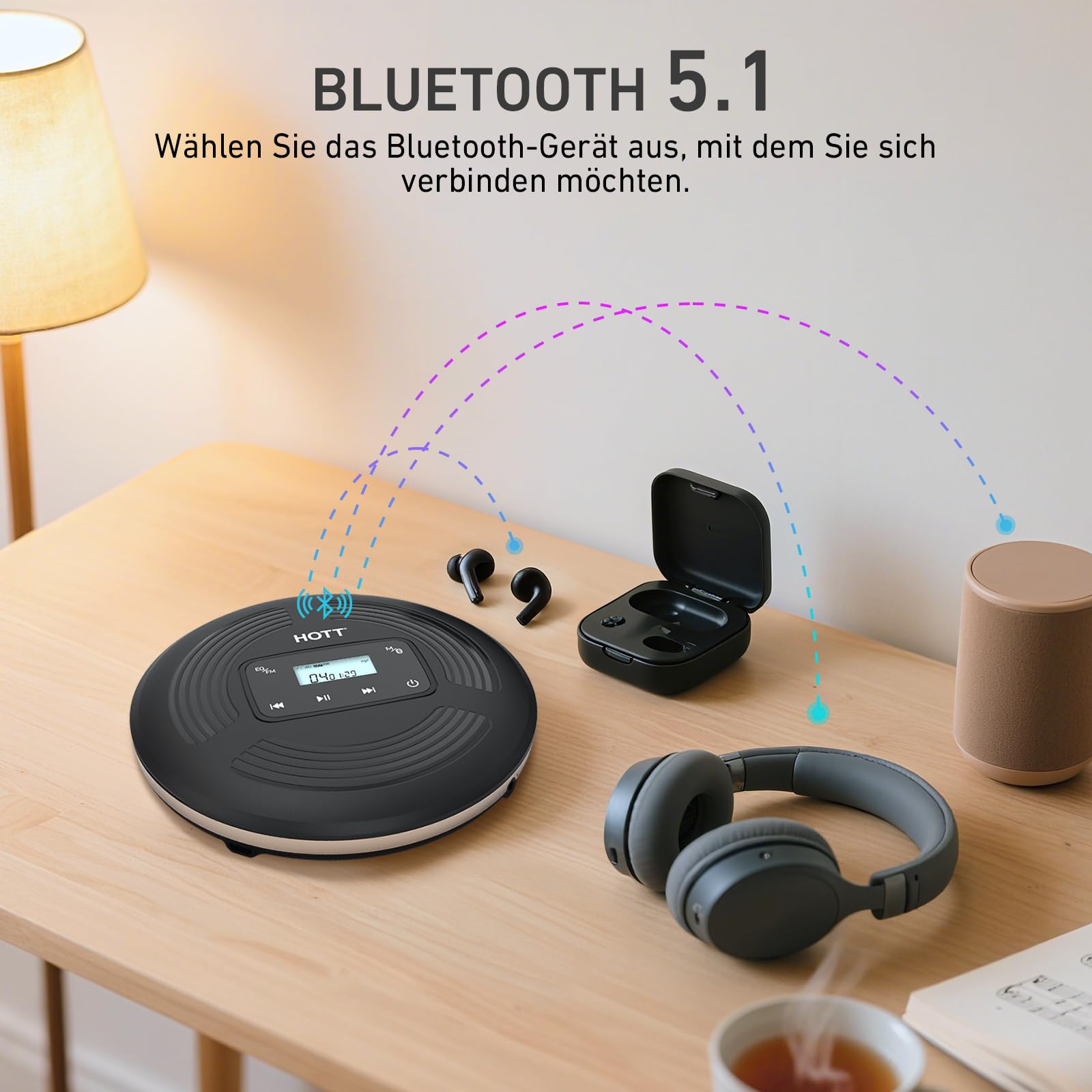 HOTT - Lettore CD portatile da 1800 mAh, ricaricabile, con Bluetooth e trasmettitore FM, ideale per viaggi, casa e auto, con cuffie stereo e design antiurto (nero)