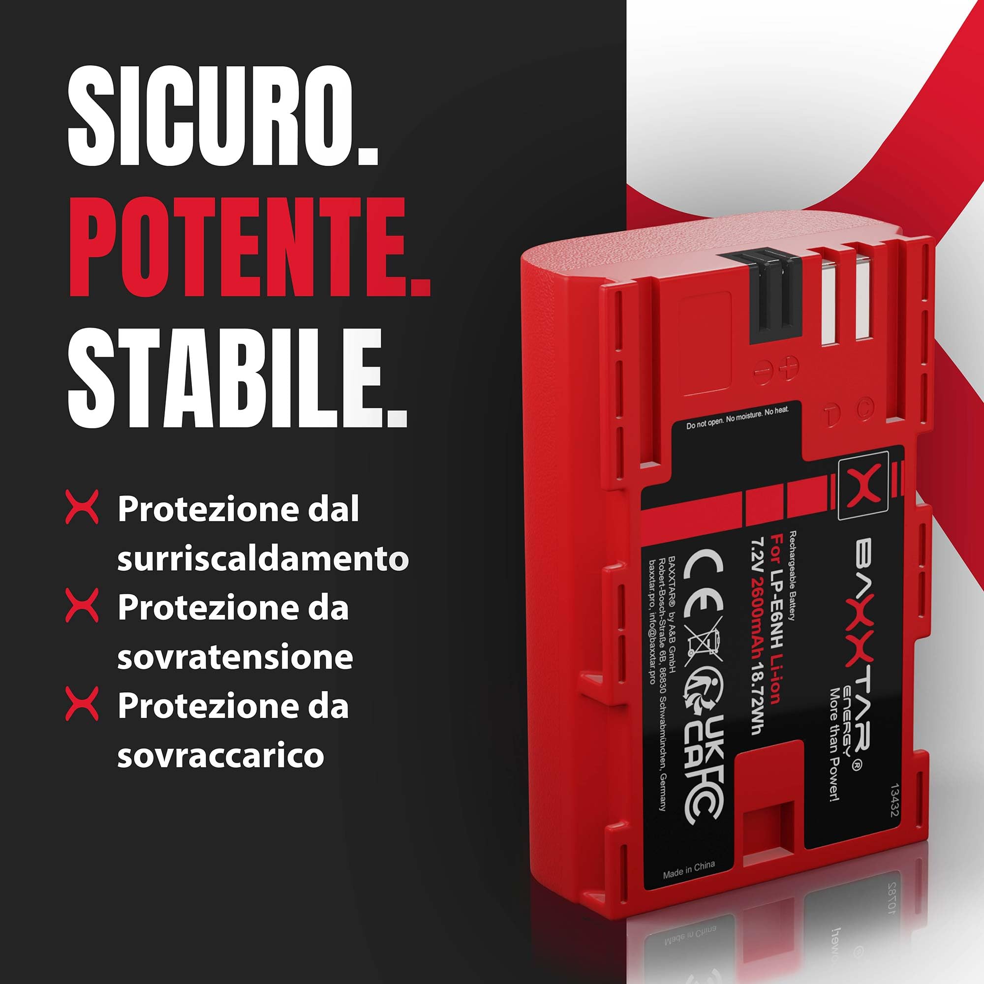 Baxxtar Pro LP-E6NH Batteria 2600mAh con chip informativo – Ricambio per Canon LP-E6NH LP-E6N LP-E6 – per EOS R5 R6 R6 II R7, 5D Mark II III IV, 5DS, 6D, 7D, 60D 70D 80D 90D, XC10 XC15 – riserva pro