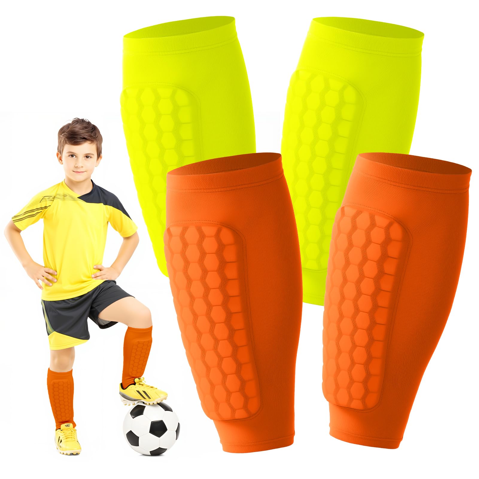 2 Pairs Shin Guards Kids,Shin Defender Kids,Football Soccer Shin Pads, Honeycomb Compression Sleeve Football Shins Guard For Boys Kid Teenagers,S,Orange Green