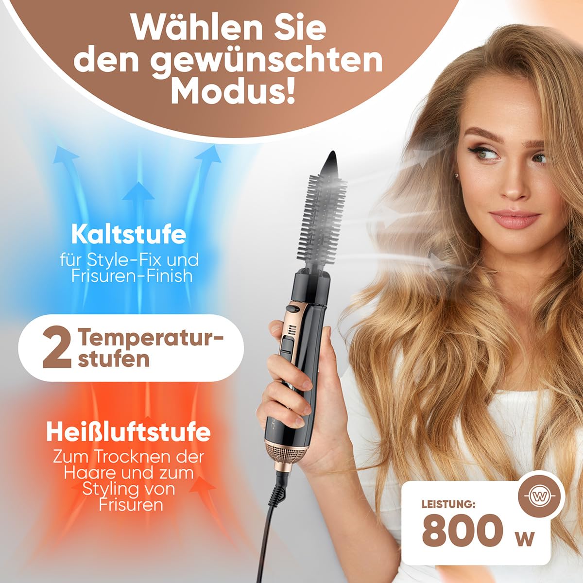 Clatronic® HAS 3818 szczotka na gorące powietrze, 3 końcówki, do wszystkich długości włosów, szczotka do suszarki do włosów z zimnym stopniem, 2 stopnie, okrągła suszarka do włosów, kabel 360°
