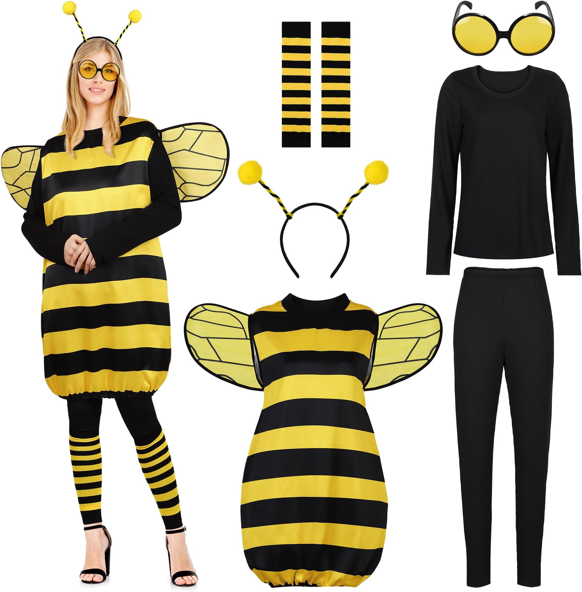 7 Pack Halloween Women Bee Costume Set Bumble Bee Wings Headband Socks Lady Bee for Halloween Accessories
