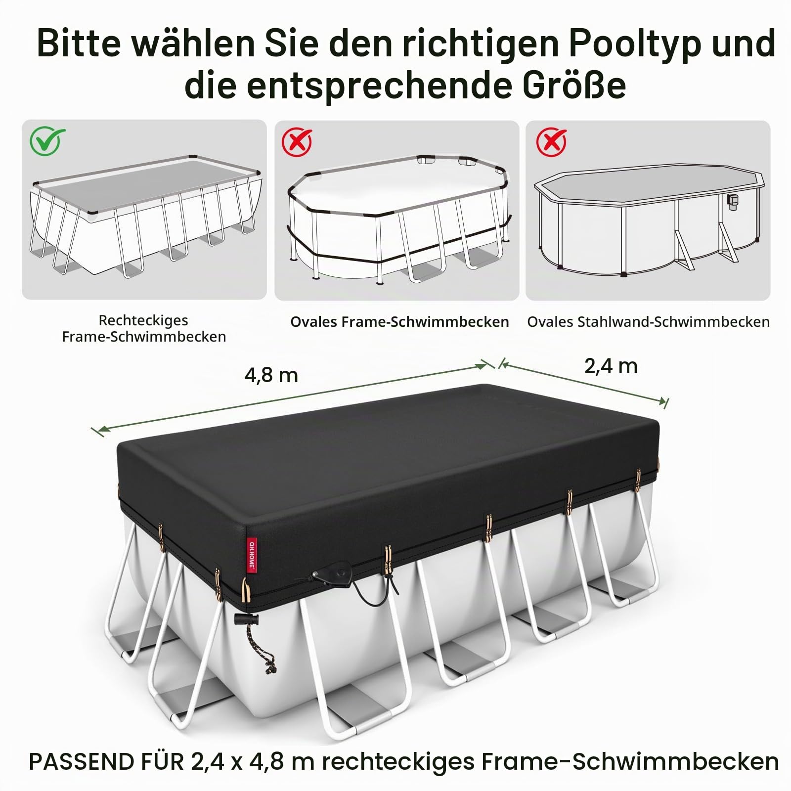 QH.Home Ultimative Winddichte, rechteckige Poolabdeckung mit schnell festziehender patentierter Ratsche, rechteckige Poolabdeckung für oberirdische Pools mit gewichtstragenden Ringen, 2025