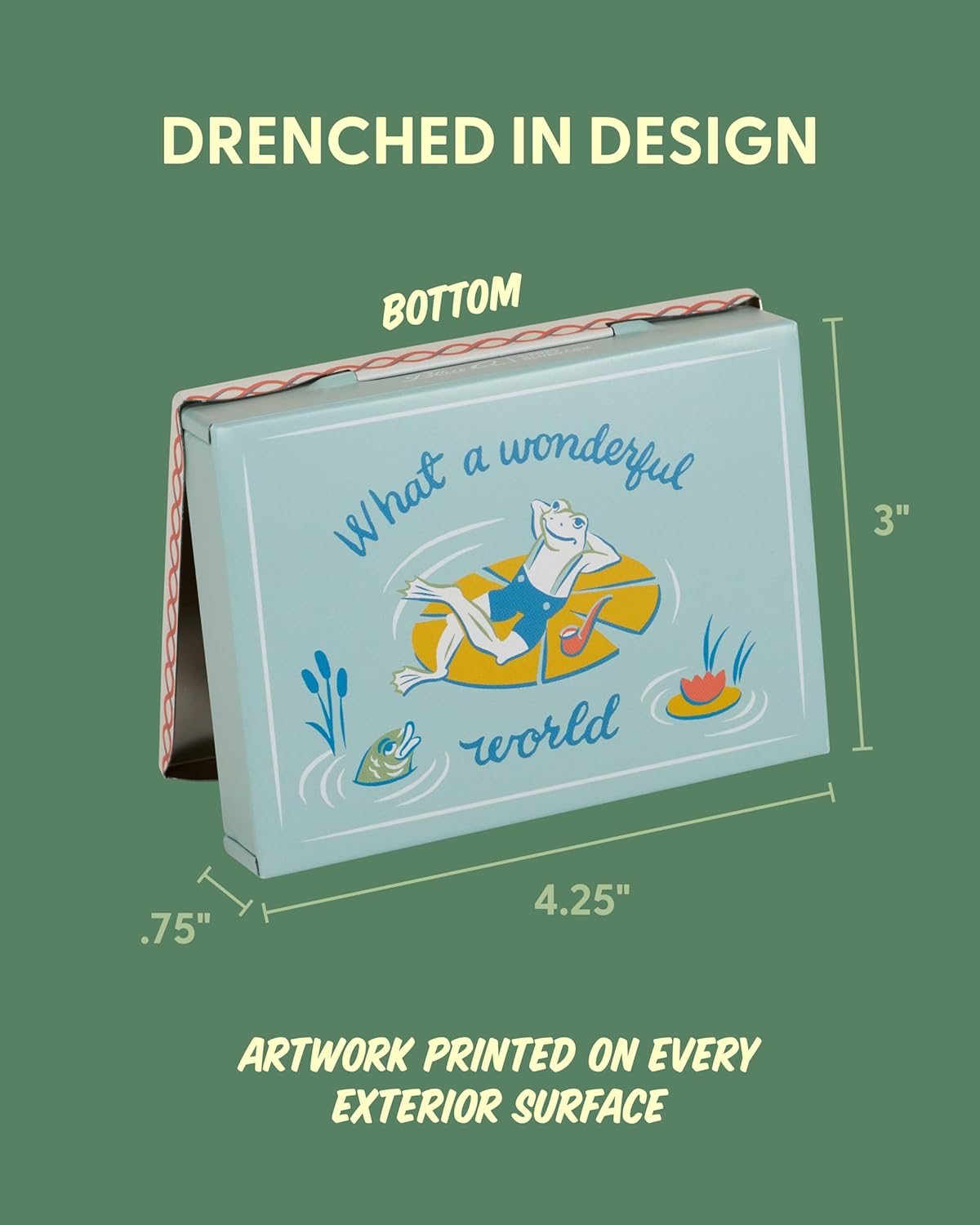 Blue Q Hinged Tin Pocket Box - High on Life Pocket - Small Hinged Tin-Plated Steel Container Organizer for Everyday Carry, Travel, Survival, Mints, Storage and Cards - 4.25"w x 0.75"h x 3"d - Image 2